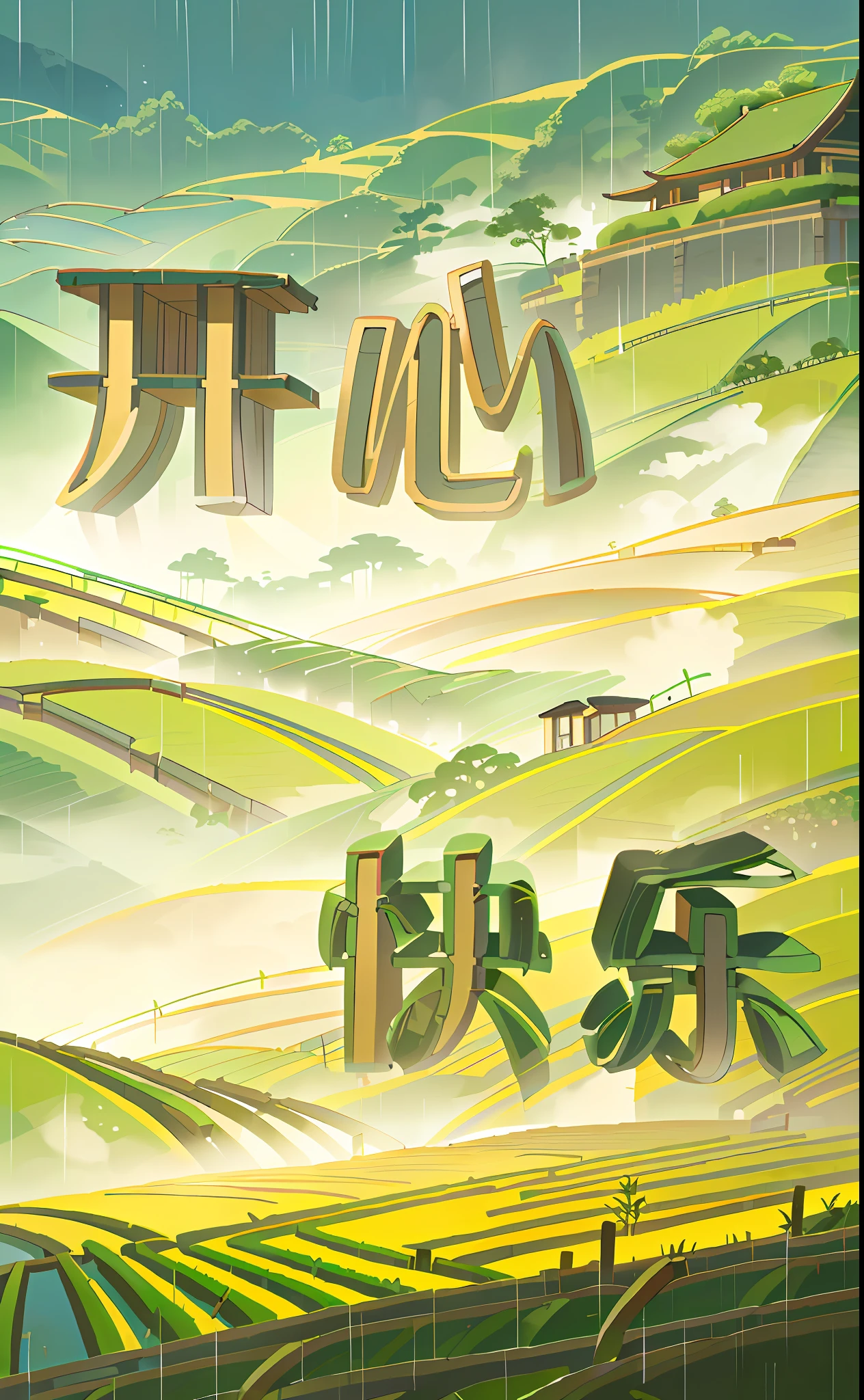 Large expanses of terraced fields, mountains, huts, with rice fields, rice fields, neat rice seedlings in the fields, misty rain, villages, agriculture, in the tranquil landscape, misty weather, in the vast tranquil landscape, in the early morning, in the morning mist, behind a small village, mist, Japanese countryside, thatched roofs --v 6