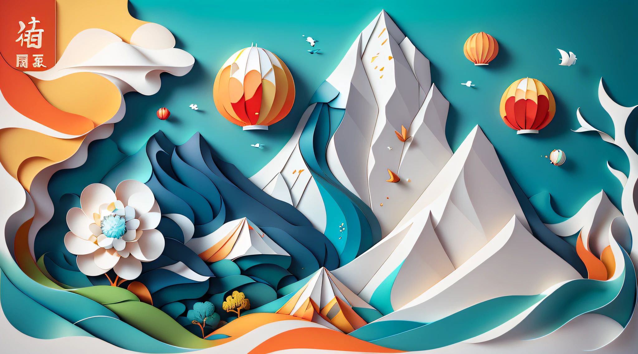 1sticker，Handbook，vectorstyle，Paper creation，Chinese traditional landscape painting，3D立体渲染，The color gradient varies from light red to light blue，4K分辨率，，:white background,Fresh and unearthly style。(:nature:)