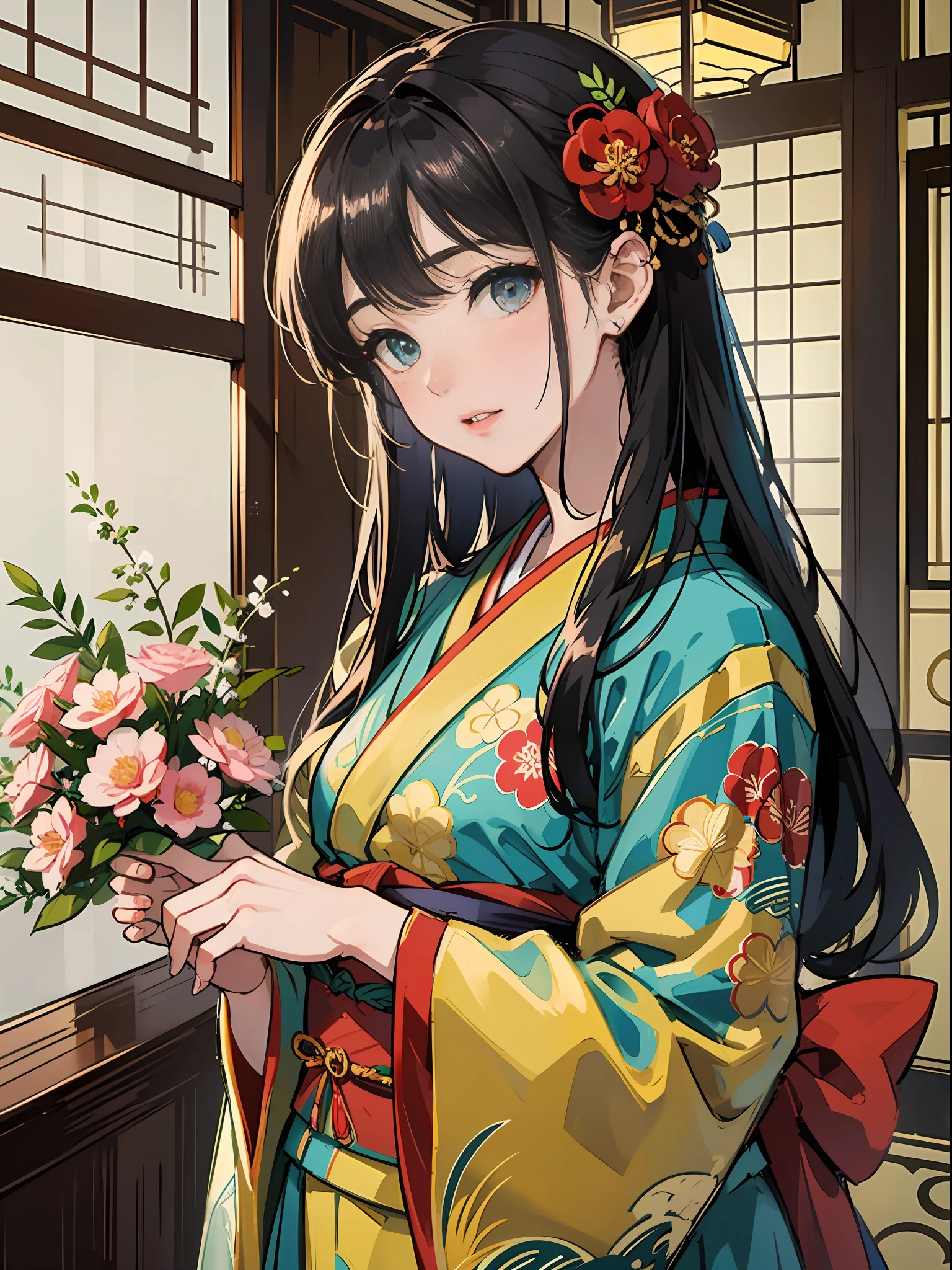 Master Pieces,hyper quality, Hyper Detailed,Perfect drawing,独奏、Beauty in the world、Komono、Japanese dress、Black-haired、Japanese hair、Colorful Japan kimono、Nishijin Ori、Delicate and smart eyes、Half-open lips、sidelong glance、Graceful、Gorgeous、Beautiful、red blush(0.2)、Dazzling、Stunning、Gorgeous、Gentle、Shunguang、natural soft light、Flowers and Birds Fugetsu、traditional Japanese room、Accurate drawing、Detailed drawing、
