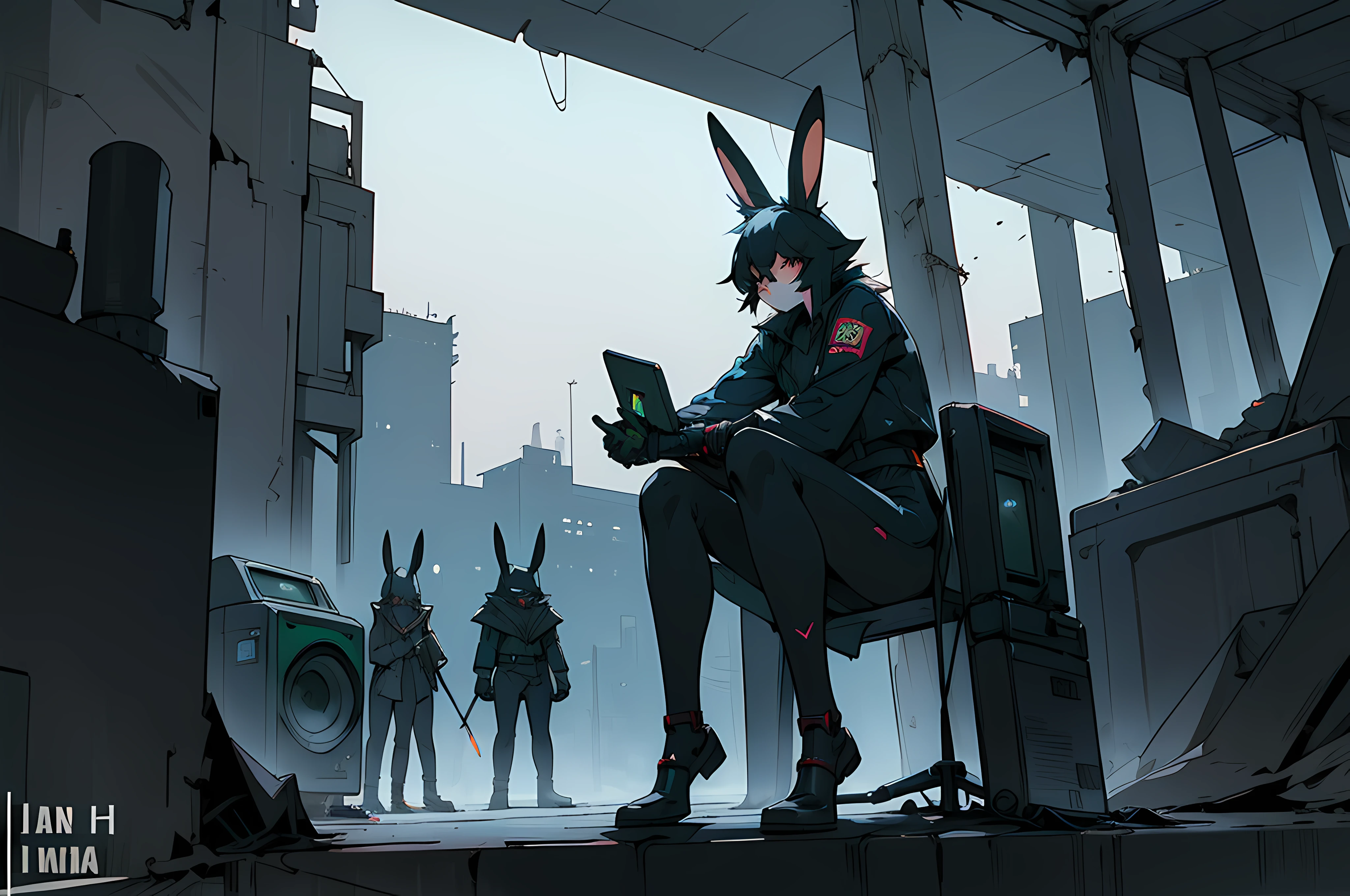 (((crowd of bunny superheroes))), (((cyberpunk bleak bleak bleak dark black black black bleak gray))), vampire hunter d, (vintage vhs), (crt screenshot), (((dark scene))), (((dark cloudy scene))), (((angel's egg anime))), (((serial experiments lain anime))), (((dystopian hideout scene))), (((unlit nighttime scene))), (((dark abandoned cyberpunk hideout))), (((angry black anthro kemono furry rabbit fighters with uniforms and tall bunny ears exploring old computer screens))), (((cyberpunk dystopian hideout filled with glowing computer monitors and green 8-bit screens))), anime black rabbit superheroes with futuristic hair and piercing glowing eyes and tall bunny ears, anime art, anime aesthetic, (((old electronics in background cel art))), kemono anime rabbits, wearing cybernetic bunny ears, angry fighters --v6