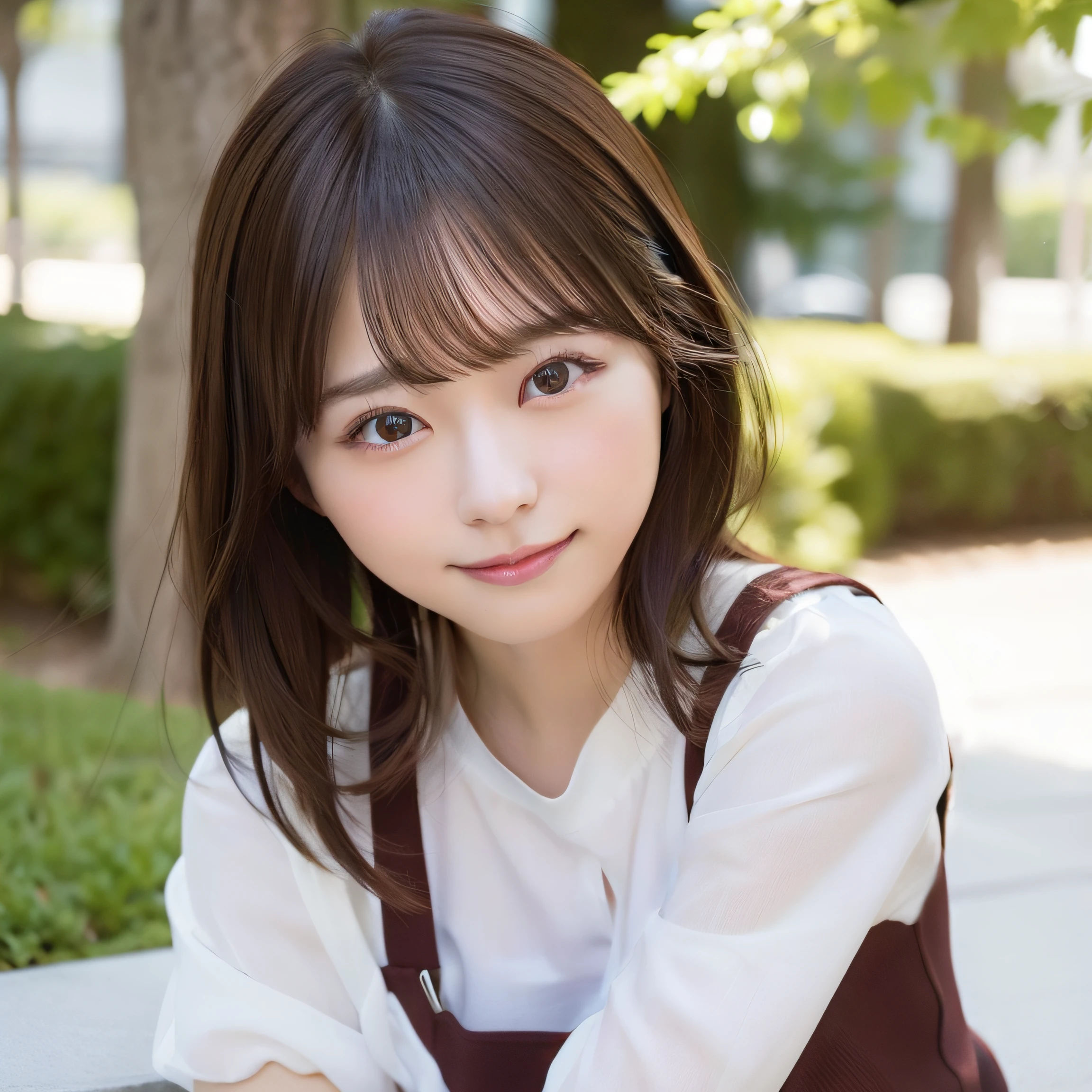 8k RAW photo,Best Quality, top-quality:1.1, masterpiece:1.3,超A high resolution, (Photorealistic:1.4), Raw photo, (upper thigh:1.5, From Side), natural skin textures:1.1, realistic eyes and face details:1.2, Full lips,(Background is blurry:1.4), (in a suite), 1日本人の女の子, Cute, (Solo:1.6), (Shy smile), (Dark brown eyes), Smooth skin, (Brown medium hair,Bangs), (touch hair:1.4),nogizaka,a park,suits、full bodyesbian、:1.5、Officelady:1.2
