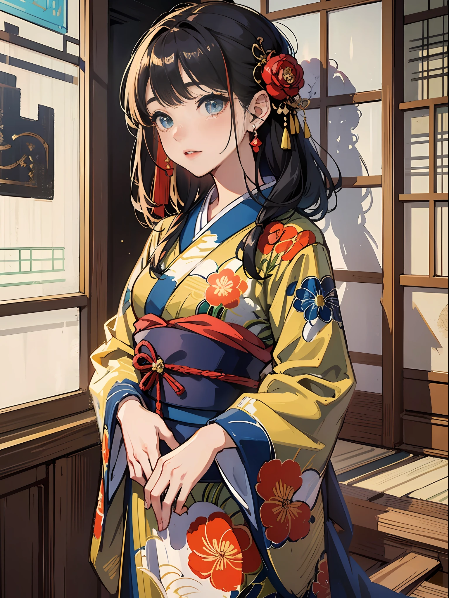 Master Pieces,hyper quality, Hyper Detailed,Perfect drawing,独奏、Beauty in the world、Komono、Japanese dress、Black-haired、Japanese hair、Colorful Japan kimono、Nishijin Ori、Delicate and smart eyes、Half-open lips、sidelong glance、Graceful、Gorgeous、Beautiful、red blush(0.2)、Dazzling、Stunning、Gorgeous、Gentle、Shunguang、natural soft light、Flowers and Birds Fugetsu、traditional Japanese room、Accurate drawing、Detailed drawing、