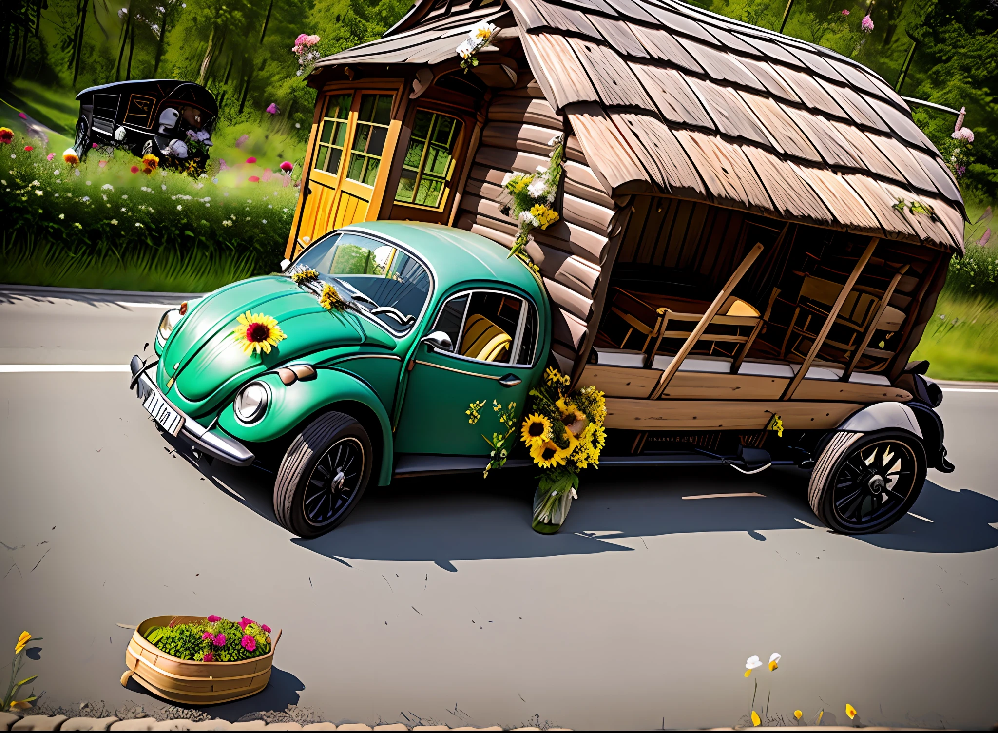 (1 Beetle front of the car：1.5, Behind the carriage is a horse-drawn carriage：1.3）, One way, （There are many flowers blooming on the road：1.2）, （A wooden house：1.1）, modern, Fuji colors, Masterpiece, Best quality, 16k
