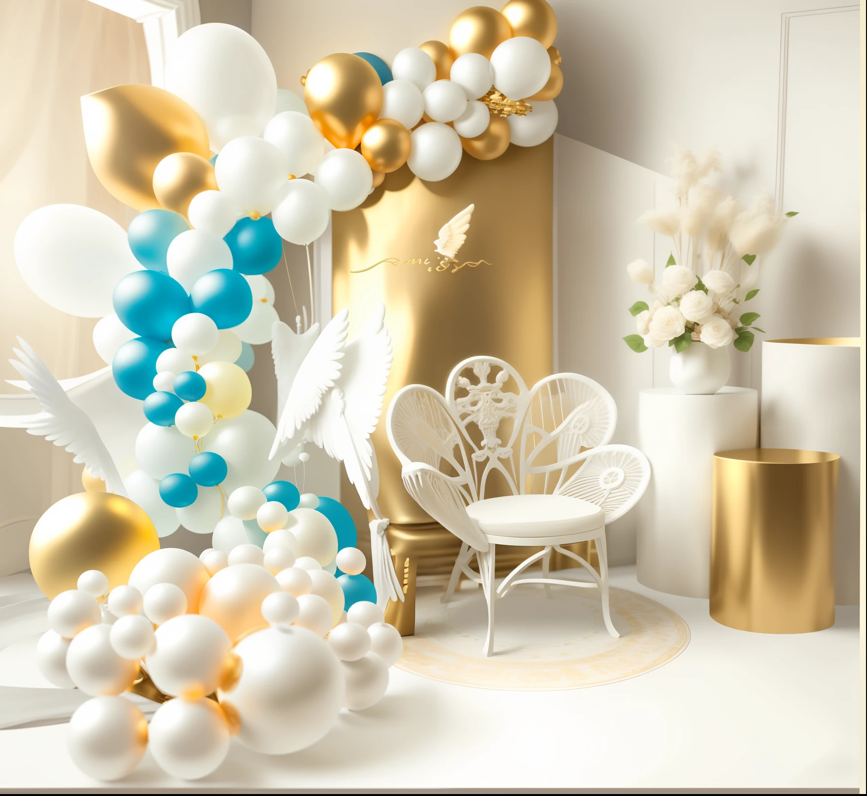 Positive perspective,Fully positive point of view,Balloons and chairs line a room with signs, romantic motifs, Ethereal and dreamy theme, Bohemian neutral, angel themed, detailed wide shot, Ivory and copper, fantasy themed, Self-restraint, large props, Intricate sets, cream and white color scheme, Lots of details, angel themed, white sweeping arches, white and gold color scheme, hight decorated
