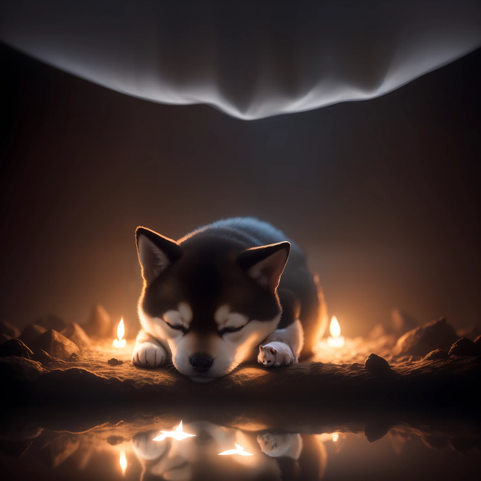 In a dimly lit dungeon、、Shiba Inu cute puppy is sleeping、Close-up photos、Volumetric fog、Halation、bloom、Dramatic atmosphere、central、thirds rule、200mm 1.4F Macro Shot、