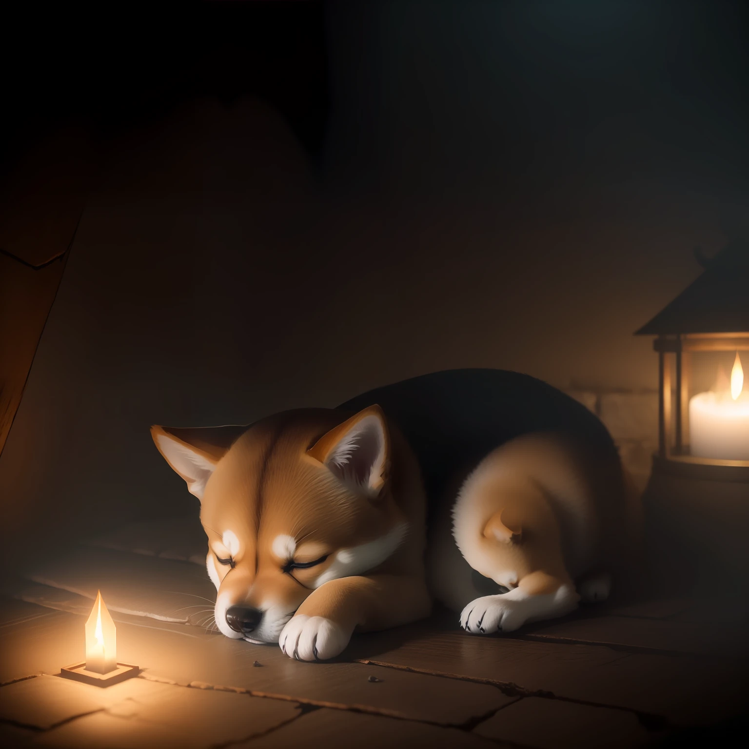 In a dimly lit dungeon、、Shiba Inu cute puppy is sleeping、Close-up photos、Volumetric fog、Halation、bloom、Dramatic atmosphere、central、thirds rule、200mm 1.4F Macro Shot、