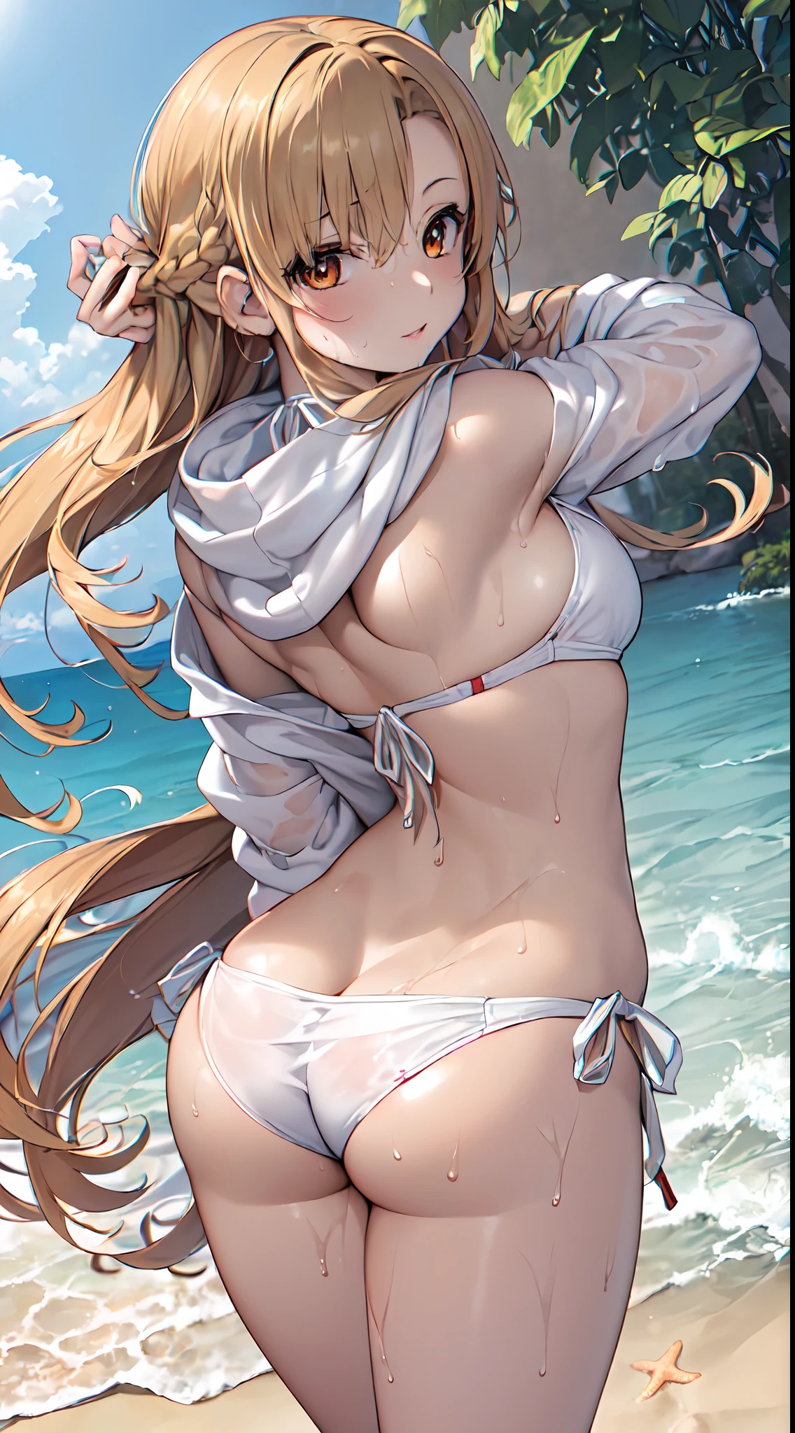 (masutepiece:1.4),(the Extremely Detailed CG Unity 8K Wallpapers:1.5),(Vivid colors:1.5),(1 girl:1.4),(18 years old:1.5),(looking back,Back view:1.2),(Beautiful face:1.5),(hands covered),(narrowwaist),(Shiny hair,Long hair,Hair fluttering in the wind,delicate and intricate hair:1.5),(Beautiful body,beautifull hands,Beautiful Finger,Delicate hands:1.5),(Large breasts:1.3),(Style image of a woman seen from behind:1.5),Seductive smile,(Solo:1.5),(Model:1.2),(hands behind head:1.1),Seductive Anime Girl, small curvy , beautiful alluring anime teenautiful anime girl, charming anime girls, Smooth Anime CG Art,beautiful alluring anime woman, Anime Best Girl,(Asuna:1.5),pretty anime girl,(Wet,Exquisite cloth,criss cross bikini,White clothes, Hoodie,Open jacket,Beach:1.4), Lens Flare,Beautifully painted, Outdoors,