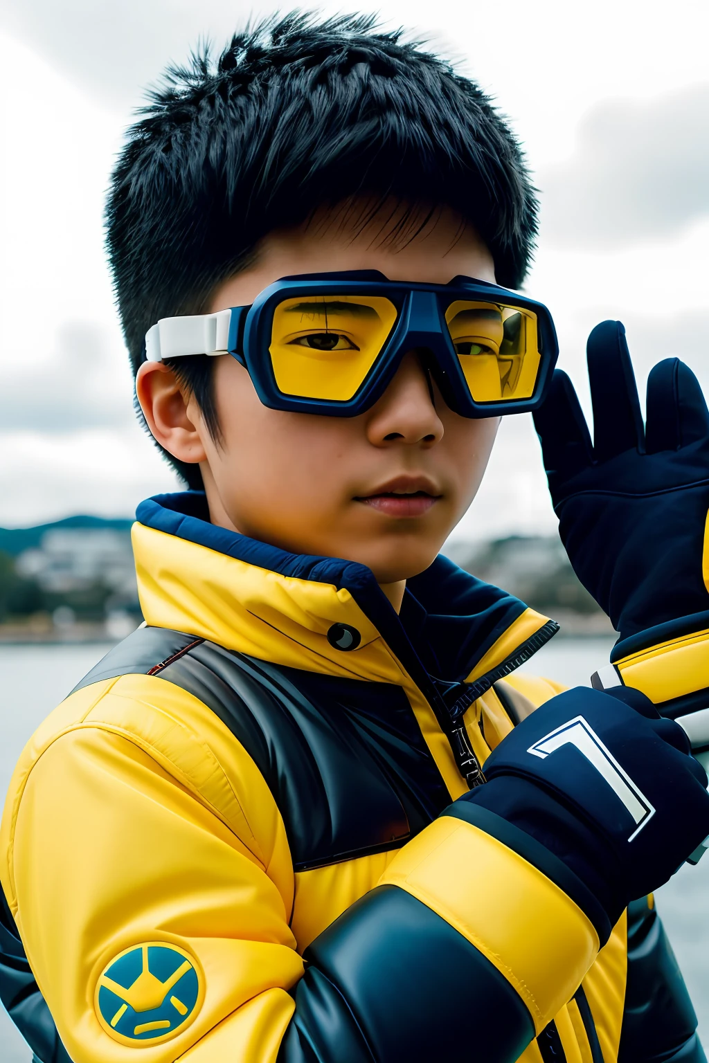 RAW photo, (closeup:1.2), portrait photo of  japanese boy, yellow & navy digimon tamer outfit, digital world, goggles, gloves, digivice, action pose, natural skin,  8k uhd, high quality, film grain, Fujifilm XT3