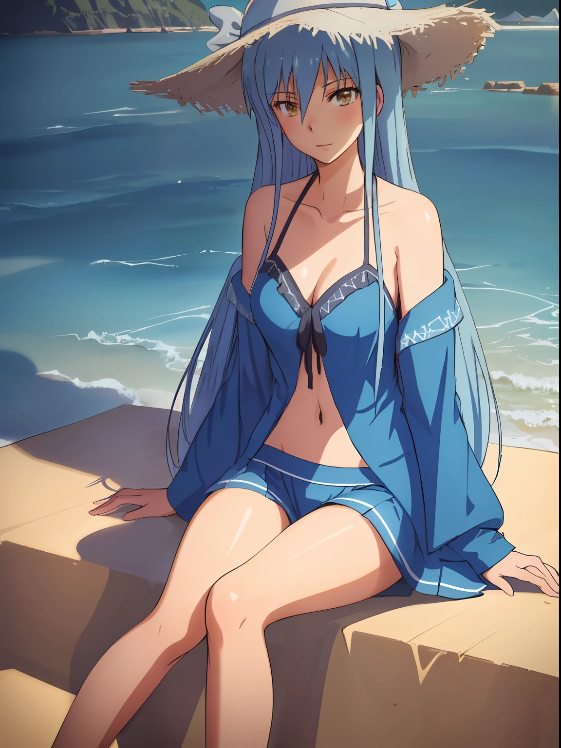 A girl sitting on the beach, Slim figure, Wear a bikini, Long legs, Long fluffy blue hair, Wearing a yellow hat, modern, Romanticism, chiaroscuro, cinematic lighting, UHD, best quality, ccurate, high details, textured skin