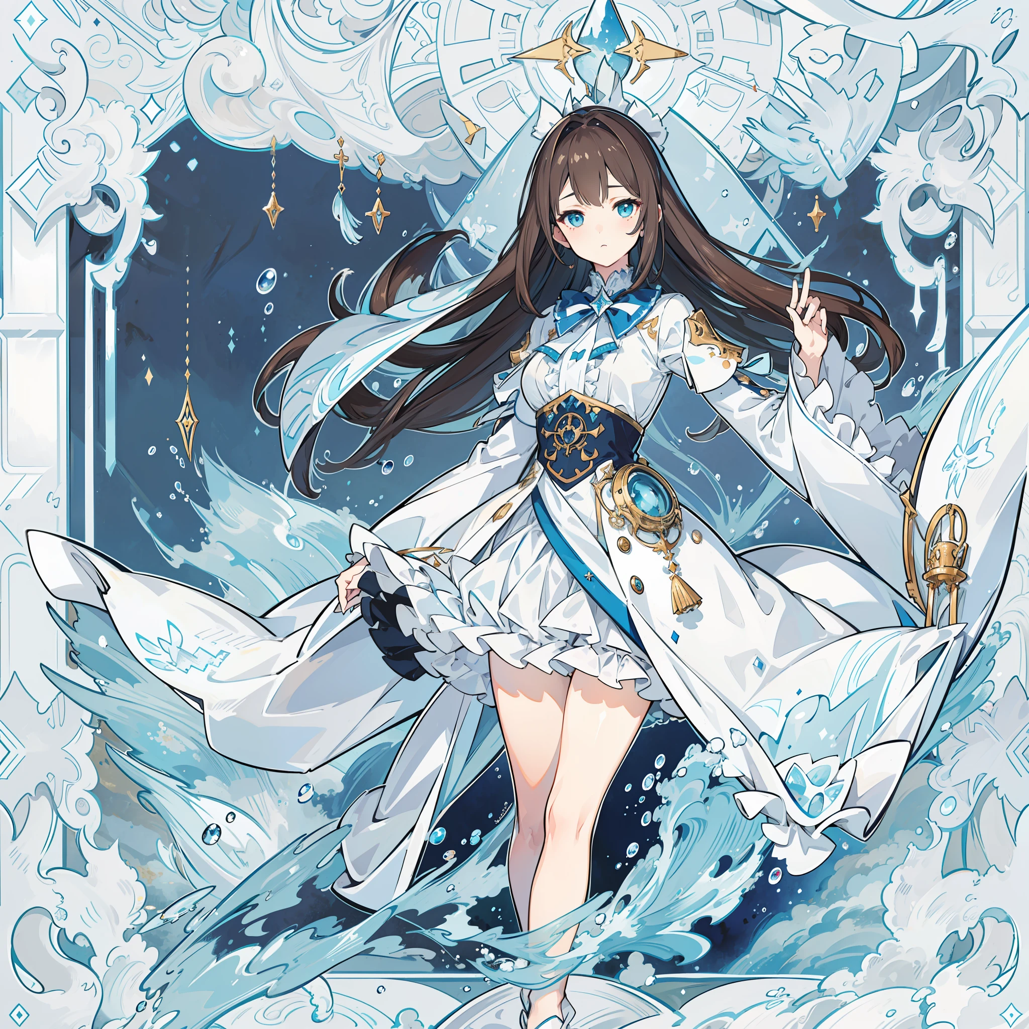 best quality, masterpiece, illustration, an extremely delicate and beautiful, extremely detailed ,CG ,unity ,8k wallpaper, Amazing, finely detail, masterpiece,best quality,official art, extremely detailed CG unity 8k wallpaper,l, huge filesize, ultra-detailed, highres, extremely detailed, extremely detailed eyes and face, beautiful detailed eyes, expressive eyes, light blue upturned eyes, white fantasy outfit, navy blue accents, ribbons, frills, thick long dark brown hair, freckles, full body, triangle bang, water, genshin, hydro vision, steampunk, water background