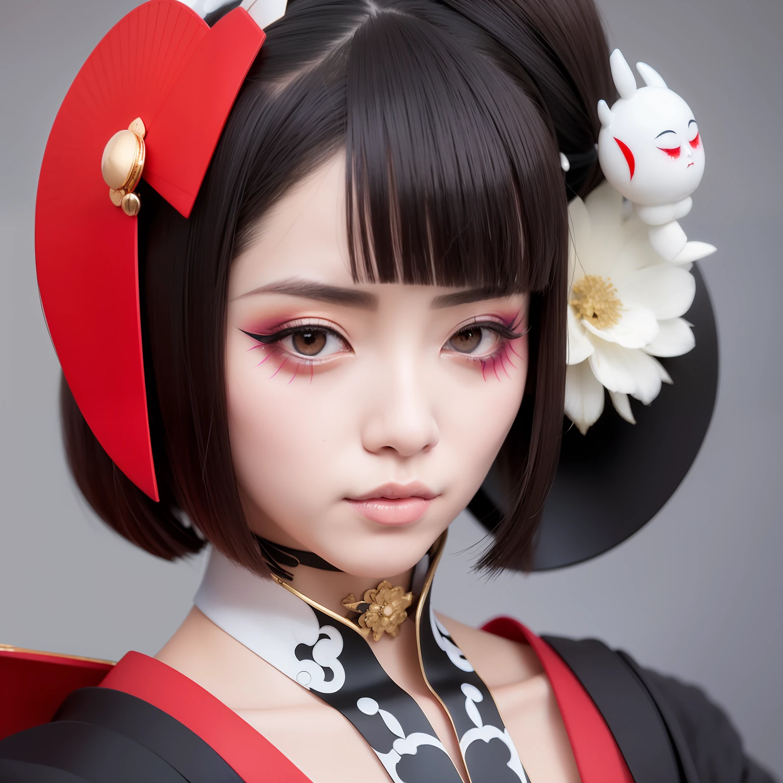 a close up of a woman with a geisha make up, full body, beauty geisha, remarkable geisha make up, geisha, kabuki makeup, cyberpunk geisha, geisha makeup, geisha make up, japanese geisha, geisha hairstyle, ghost in the shell geisha robot, inspired by Otake Chikuha, portrait of a geisha