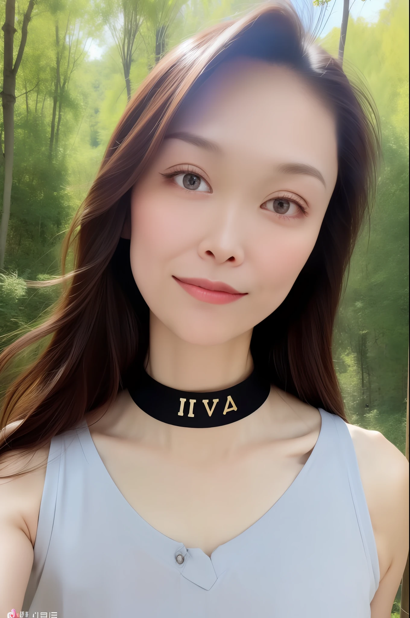 best quality, masterpiece, (photorealistic:1.4), 1 girl, Princess, upper body, Medieval, choker, flowers around, forest background, sweet girl, IDOL, -- Face Details:1.7 --