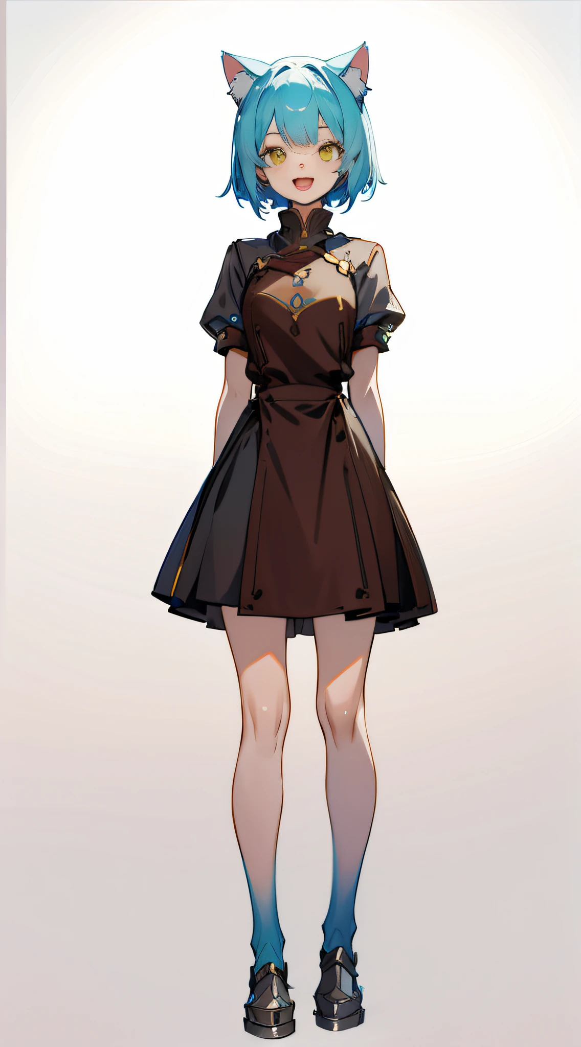 full body, upright, arms at sides, looking at viewer, pure-colored background, 1girl, open mouth, cat ears, smile, wearing armor