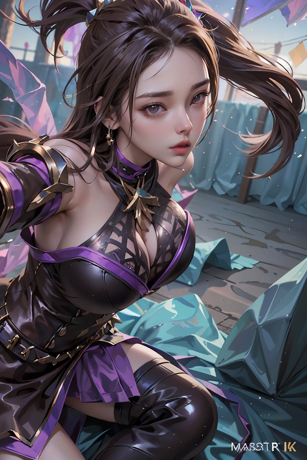 Irelia from League of Legends, KDA Irelia ((Realistic light, Best quality, 8k, Masterpiece :1.3)), Selfie, 1girl, Pretty woman with perfect figure :1.4, abs :1.1, (Brown hair, Huge breasts :1.5), arabic dress :1.2, Bed, Ultra-detailed face, Detailed eyes, Double eyelid, perfect hands perfect fingers perfect breasts perfect hair perfect face perfect body