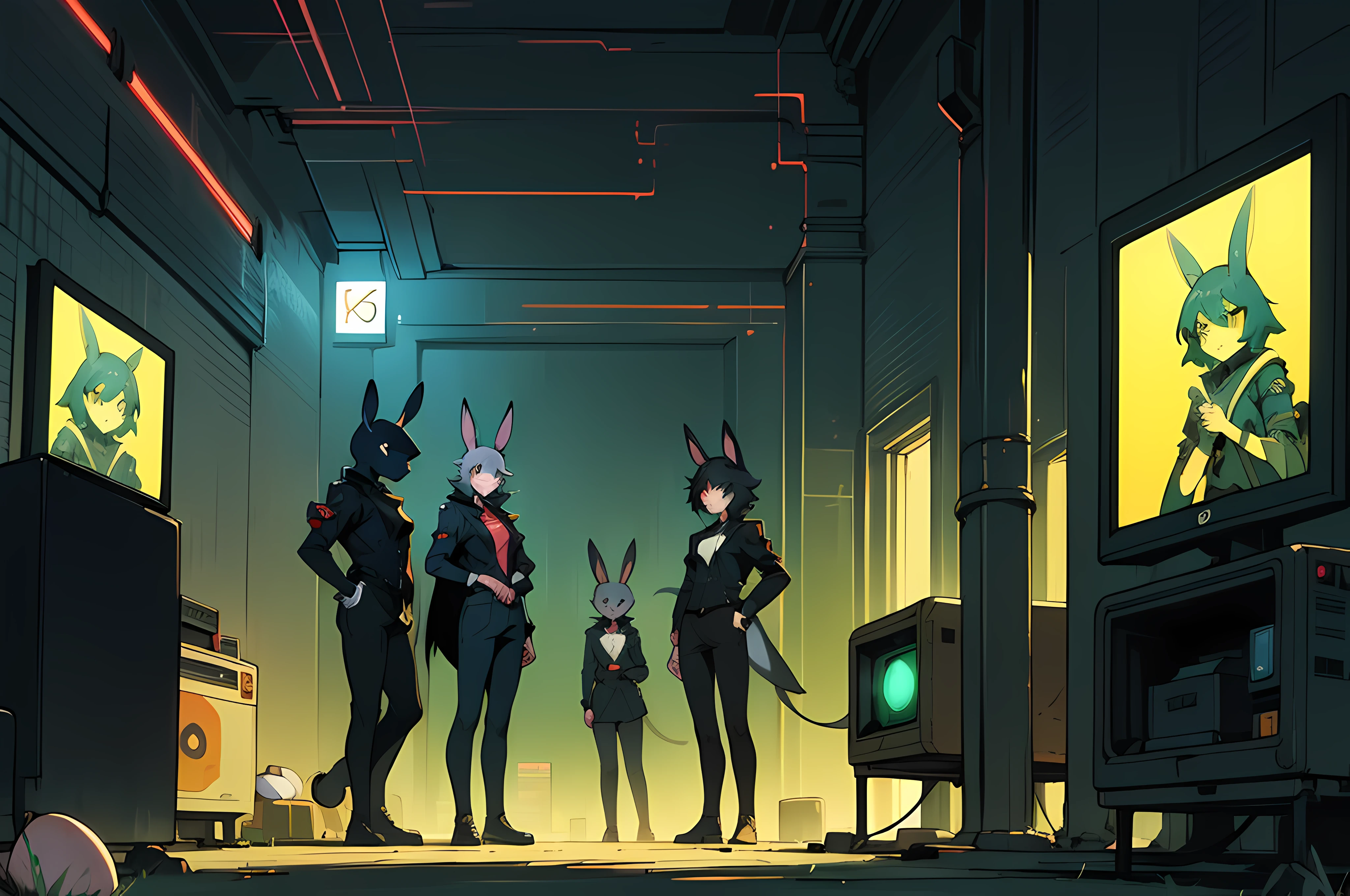 (((crowd of bunny superheroes))), (((cyberpunk bleak bleak bleak dark black black black bleak gray))), vampire hunter d, (vintage vhs), (crt screenshot), (((dark scene))), (((dark cloudy scene))), (((angel's egg anime))), (((serial experiments lain anime))), (((dystopian hideout scene))), (((unlit nighttime scene))), (((dark abandoned cyberpunk hideout))), (((angry black anthro kemono furry rabbit fighters with uniforms and tall bunny ears exploring old computer screens))), (((cyberpunk dystopian hideout filled with glowing computer monitors and green 8-bit screens))), anime black rabbit superheroes with futuristic hair and piercing glowing eyes and tall bunny ears, anime art, anime aesthetic, (((old electronics in background cel art))), kemono anime rabbits, wearing cybernetic bunny ears, angry fighters --v6