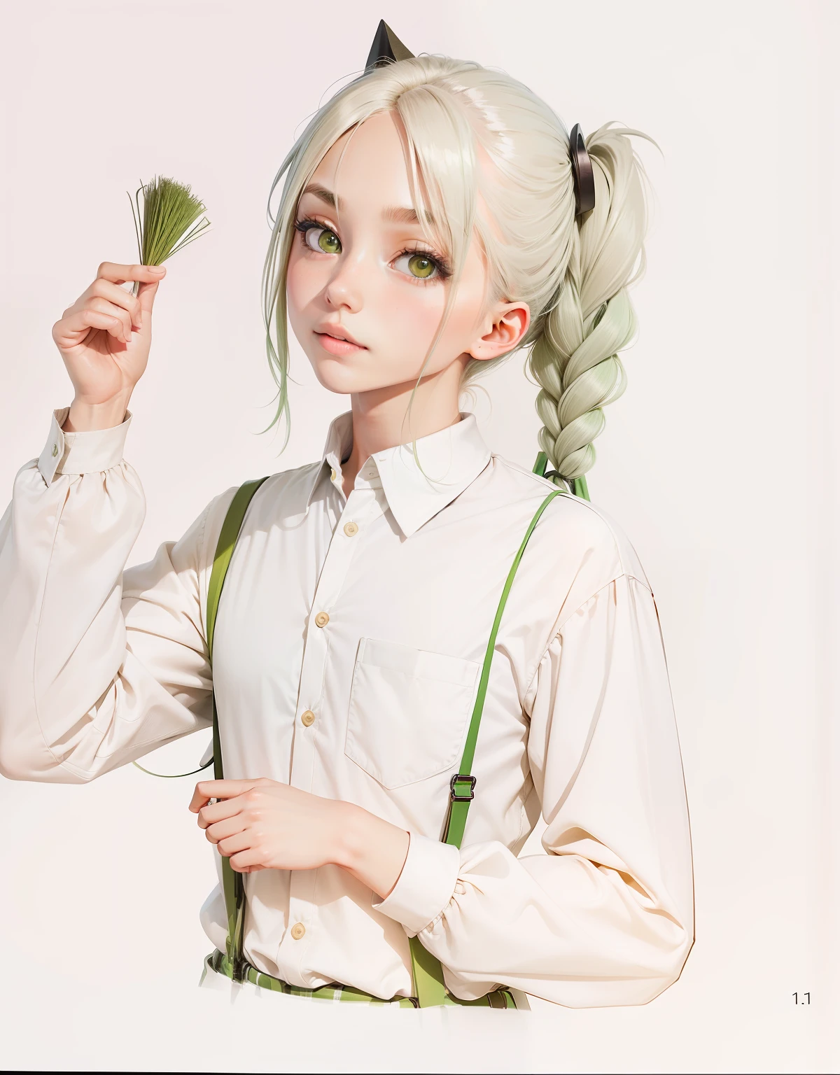 Black eyes，dual horsetail，Green suspenders，Plaid shirt，quadratic element，Kizi