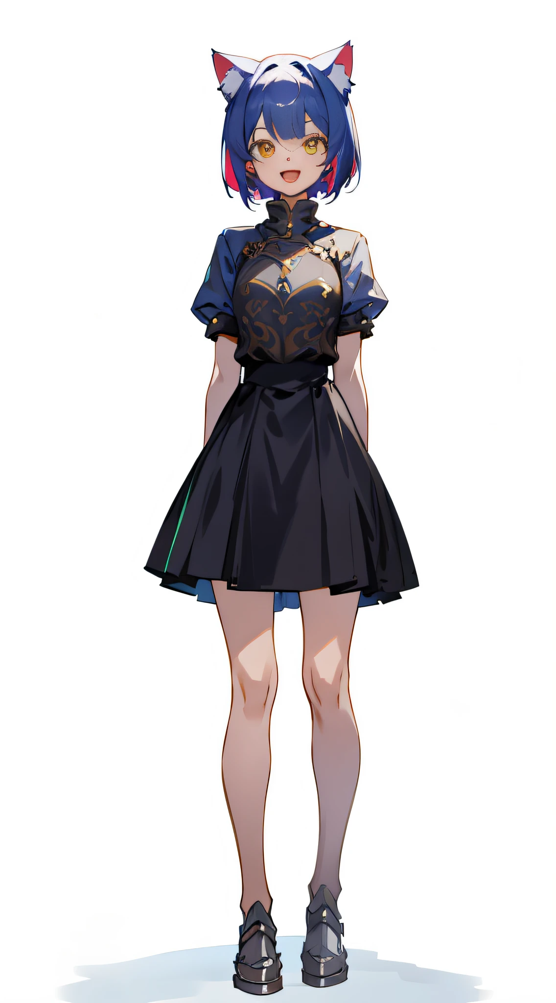 full body, upright, arms at sides, looking at viewer, pure-colored background, 1girl, open mouth, cat ears, smile, wearing armor