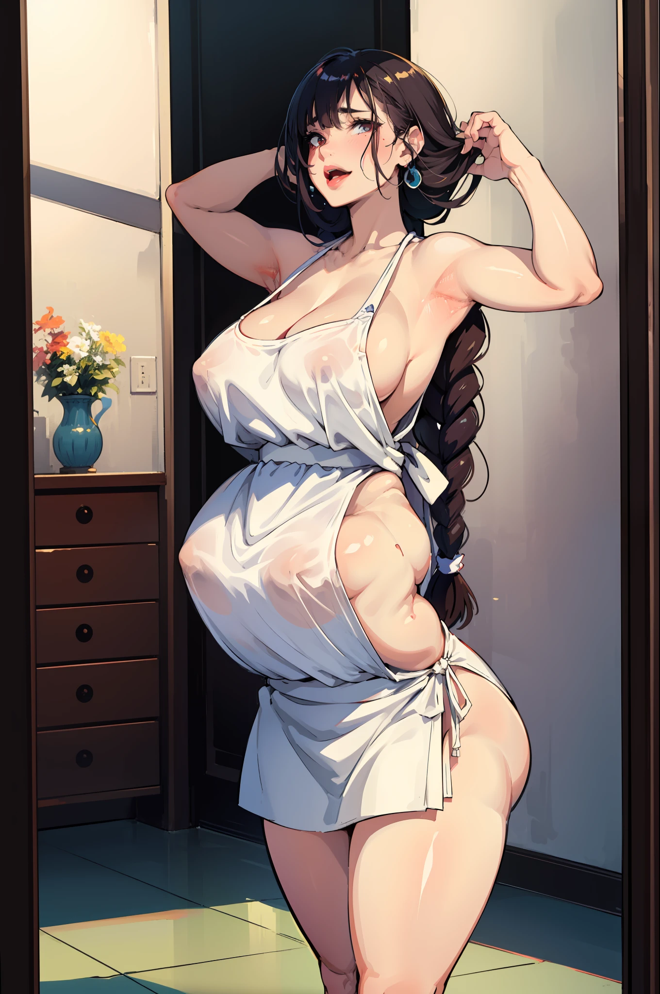 Hot mom,独奏,(:1.3),thick thight,upper legs,Wide buttock,dent in the skin,Double tail,curlies,ssmile,cheerfulness,(Red latex apron:1.2),cparted lips,plumw,,Obscenity,exposed midriff,protruding areolas,gigantic cleavage breasts,4K,realistic humid skin,Armpits,Large curved hips,a variety of poses,Stick out a very long tongue,Fleshy figure,with perfect legs,Hypertrophic,protruding areolas,,Bronzed skin,detailed lips,bubble butt,Dewy,mouth drool,Lick,Place your fingers between your legs,Hungry and thirsty housewives,erected,Wrinkles,Clean the room,Eyes look at the lens,A shy look,Blushing aunt,Two braids,Smooth skin,Very meticulous clothes,Intriguing set,extremly high detail,A detailed face