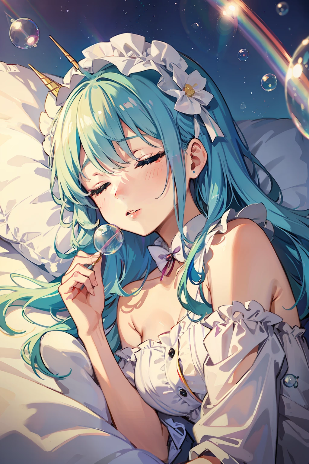 Yumekawa, dreamy cute, pale, moya, (masterpiece, highest quality, highest quality, watercolor (medium), upper body, kiss, lesbian, lolita fashion, pattern, break, (rainbow hair: 1.2), break, soap bubble, rainbow behind, cloud, colorful, soap bubble, spread throughout, cute, pastel, cute room, iridescent unicorn stuffed animal, sleeping in bed