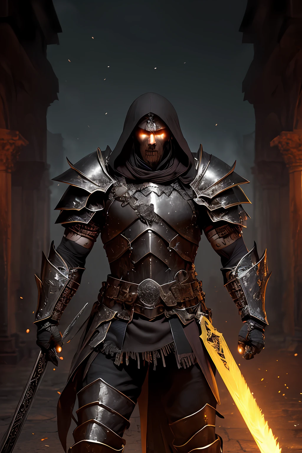 (papel de parede 8k extremamente detalhado), a medium-shot photo of a fearful armored necromancer warrior, intrincado, alto detalhe, dramatic