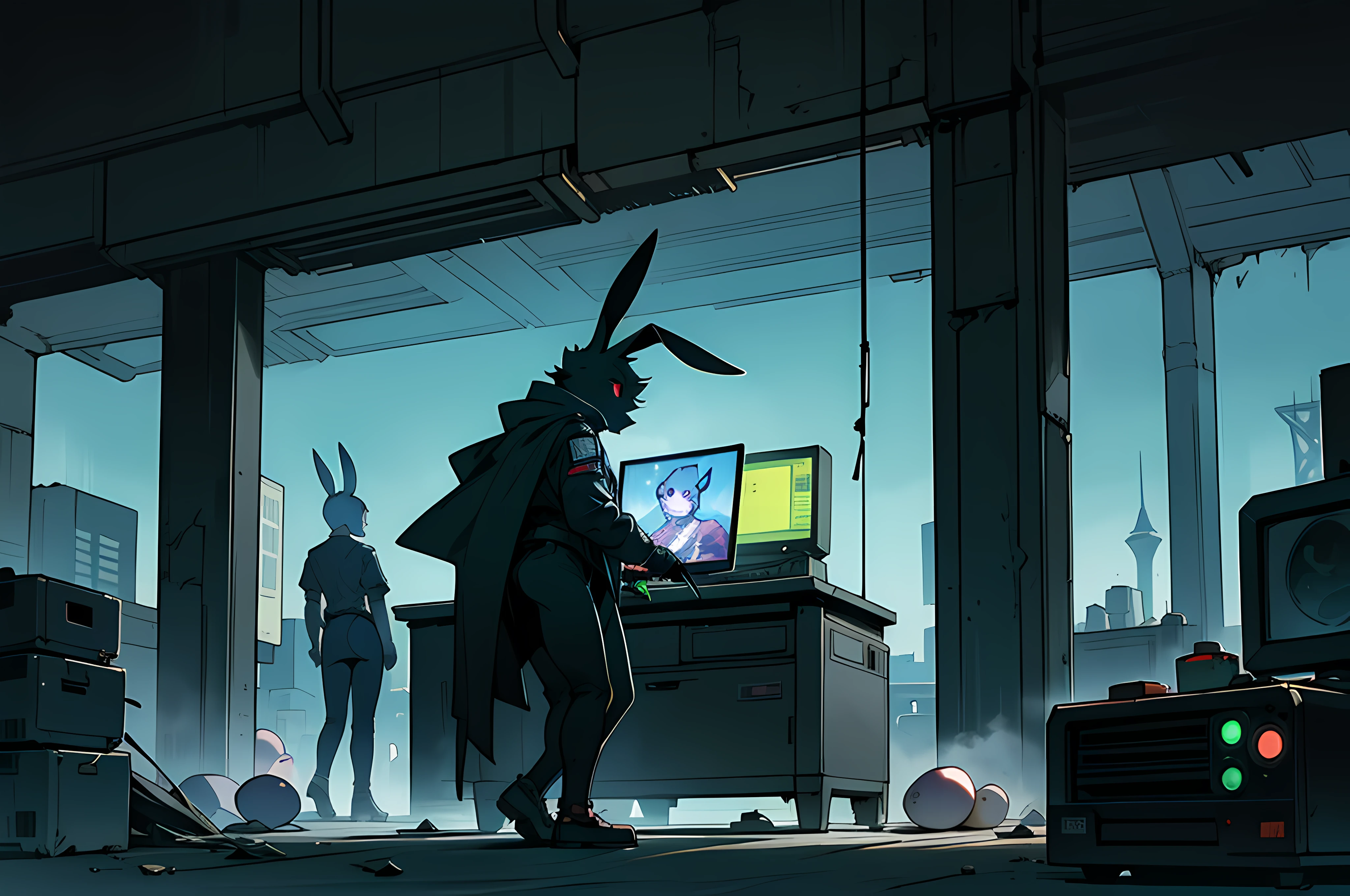 (((crowd of bunny superheroes))), (((cyberpunk bleak bleak bleak dark black black black bleak gray))), vampire hunter d, (vintage vhs), (crt screenshot), (((dark scene))), (((dark cloudy scene))), (((angel's egg anime))), (((serial experiments lain anime))), (((dystopian hideout scene))), (((unlit nighttime scene))), (((dark abandoned cyberpunk hideout))), (((angry black anthro kemono furry rabbit fighters with uniforms and tall bunny ears exploring old computer screens))), (((cyberpunk dystopian hideout filled with glowing computer monitors and green 8-bit screens))), anime black rabbit superheroes with futuristic hair and piercing glowing eyes and tall bunny ears, anime art, anime aesthetic, (((old electronics in background cel art))), kemono anime rabbits, wearing cybernetic bunny ears, angry fighters --v6