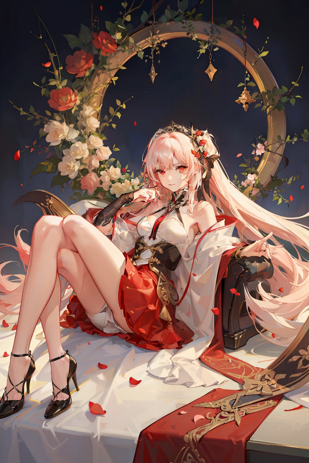 {{solo}},best quality,Amazing,1girl,extremely detailed CG unity 8k wallpaper, masterpiece,{loli},{white hair},{{{red streaked hair}}}, red eyes, {{{full body}}},{red hair}, {{{{{Hold a red sword}}}}}, {angry face}，{beautiful detailed eyes}, {{Blood drop}},{{Blood fog}},light shafts, soft focus, character focus,disheveled hair,long bangs, hairs between eyes, looking at viewer,lowing hair,{{Splashing blood}}},Long hair,{{Bloodstain}},Fighting stance,{{{{{watercolor_{medium}}}}},{{{masterpiece}}},{{white clock}},{{ultra-detailed}}，{{Covered in blood}},flowing hair,Exquisite Flame, {{{{{{extremely beautiful detailed anime face}}}}}},dynamic angle, floating, {shine}, extremely delicate and beautiful girls, bright skin, {best illustration}, {best shadow}, finely detail, Depth of field {bloom}, {painting},{ very delicate light, perfect and delicate limbs},beautiful detailed dress,Flying red petals,Holy lighting