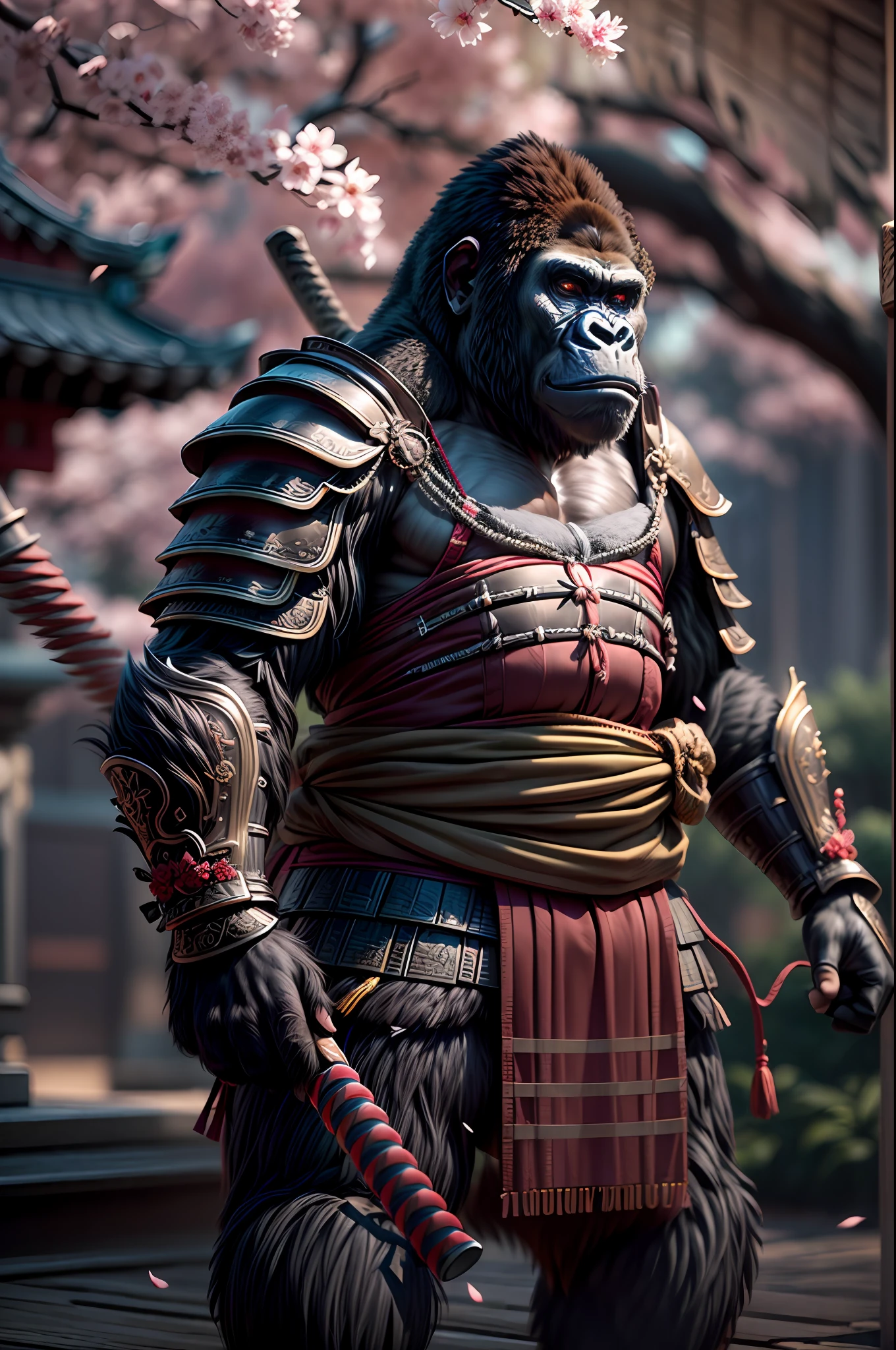 (high resolution, CGI, masterpiece:1.3), (detailed CGI image of a gorilla dressed in samurai armor:1.3), (Canon EOS R5 camera, ideal for capturing high-quality CGI images:1.2), (paired with a Canon RF 50mm f/1.2L USM lens:1.2), (the gorilla's powerful physique in focus:1.1), (intricate details on the samurai armor:1.1), (shimmering metallic textures reflecting the sunlight:1.1), (Nikon Z7 camera, perfect for rendering lifelike textures:1.2), (paired with a Nikon AF-S NIKKOR 85mm f/1.4G lens:1.2), (the gorilla standing confidently in a public square:1.1), (cerejeira trees in full bloom surrounding the scene:1.1), (delicate cherry blossoms floating in the air:1.1), (a traditional Japanese bridge crossing a tranquil pond:1.1), (the gorilla's eyes conveying both strength and wisdom:1.1), (a captivating fusion of nature and samurai culture:1.1), (the atmosphere imbued with a sense of honor and respect:1.1), (a mesmerizing image capturing the majestic presence of the samurai gorilla amidst the serene cherry blossom setting:1.1), Cinematic, Hyper-detailed, insane details, Beautifully color graded, Unreal Engine, DOF, Super-Resolution, Megapixel, Cinematic Lightning, Anti-Aliasing, FKAA, TXAA, RTX, SSAO, Post Processing, Post Production, Tone Mapping, CGI, VFX, SFX, Insanely detailed and intricate, Hyper maximalist, Hyper realistic, Volumetric, Photorealistic, ultra photoreal, ultra-detailed, intricate details, 8K, Super detailed, Full color, Volumetric lightning, HDR, Realistic, Unreal Engine, 16K, Sharp focus, Octane render