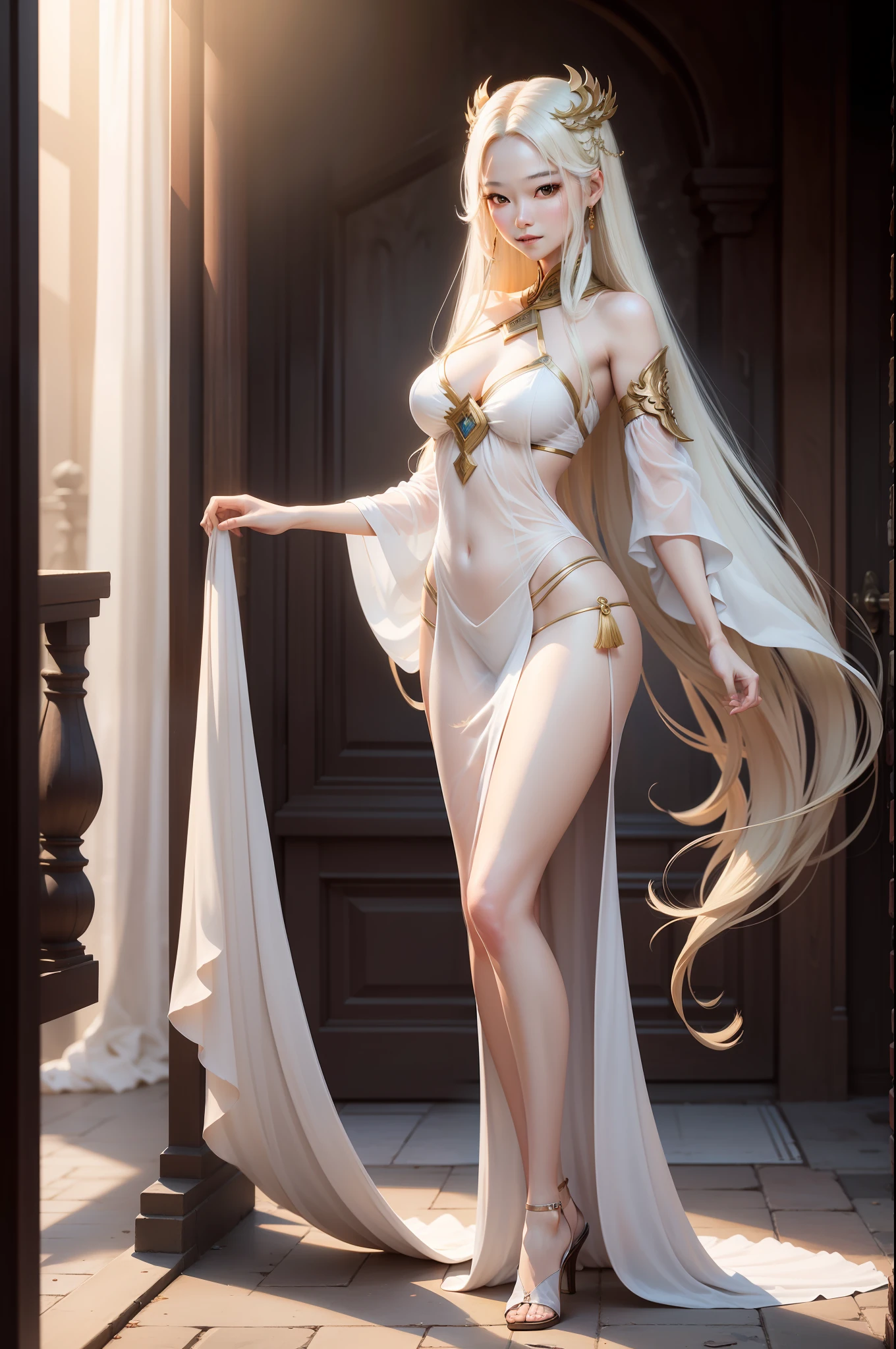 Oriental women，Goddess face shape，Bleached and dyed long hair，Graceful figure，Anterior convex and posterior，Long legs，Raised sexy，Light smile，see-through transparent clothes，Fair skin（8k，RAW photos，best qualtiy，tmasterpiece：1.2），ultra - detailed，offcial art，photo-realistic：1.37，full body shot shot