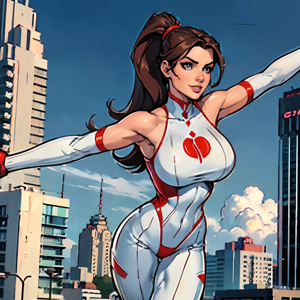 1girl, Stretcher the busty brunette comic book woman, masterpiece, beautiful, high quality, high definition, superb quality, highly detailed, super detailed, elongated arm, extended arm, stretched-out arm, reaching toward camera, depth, happy, smiling, (((100-meter-long rubber arm))), long hair, huge ponytail, slim, thin, athletic, womanly, rubbery, elastic woman, (white and red spandex, white and red legs, tight top), rubber body, brunette, ((huge breasts, slim waist)), city, heroic, cheerful, (bold nose, hawkish facial features),