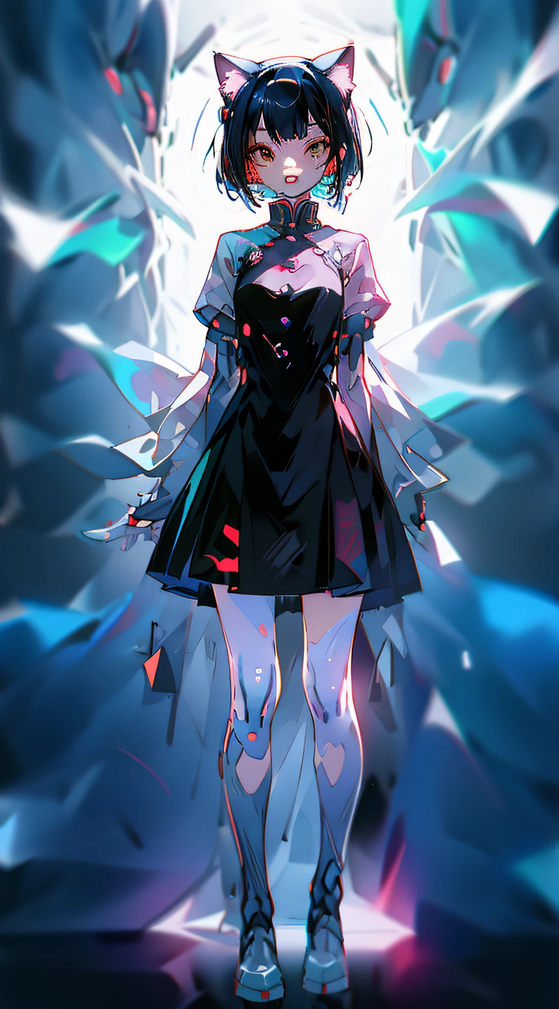 full body, upright, arms at sides, looking at viewer, pure-colored background, 1girl, open mouth, cat ears, smile, colored in cyber punk stype