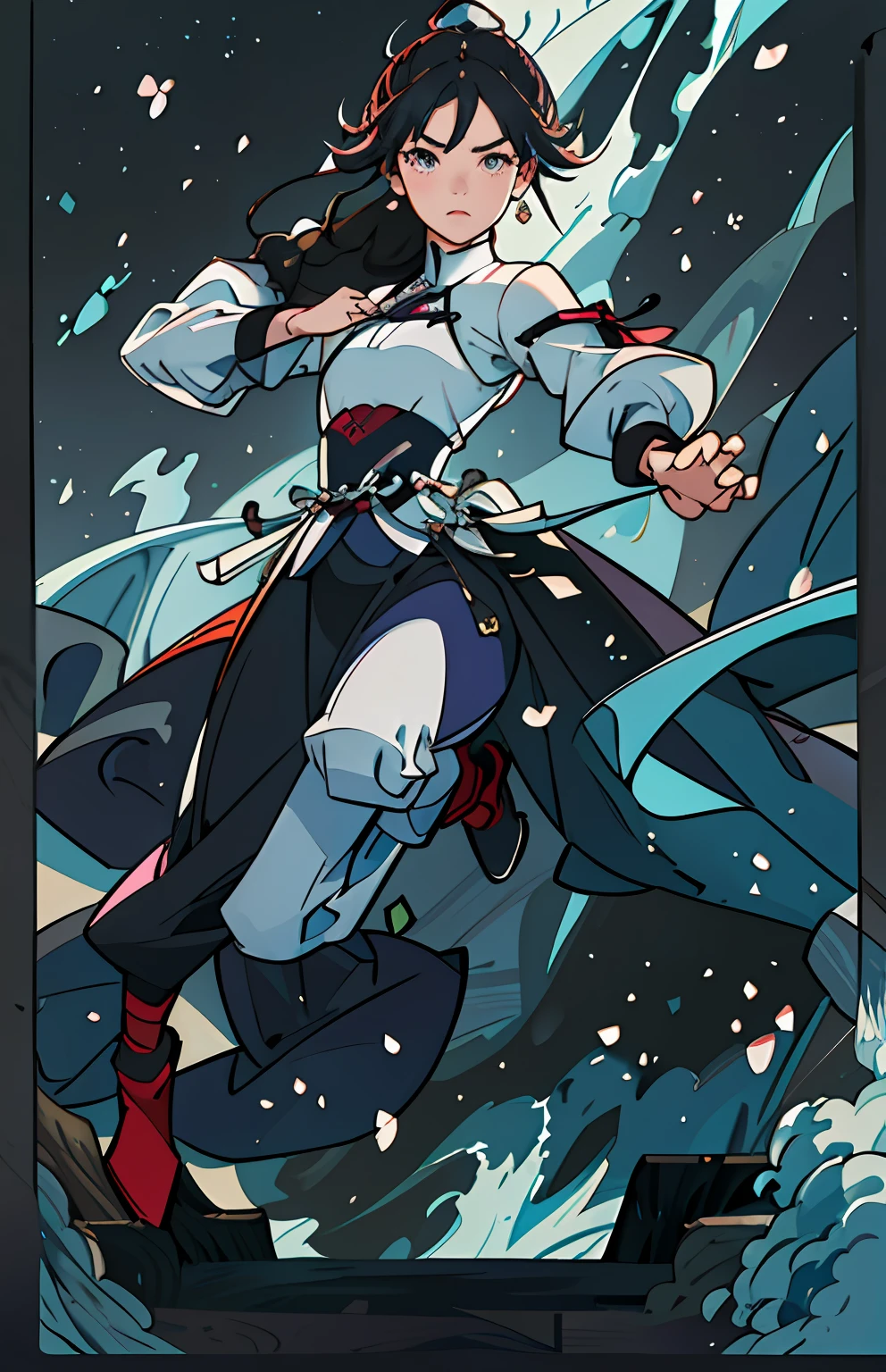 Story heroine,Cold,The decisive female assassin of the Xuanwu Kingdom,Proficiency in the use of double knife flow and plum blossom darts,Short blades on the braids can be used for attacks,She hates men, The goal is to beat all men,The ultimate goal is to defeat his own father, The shape is neat and clean,Handsome eyebrows,Raised eyes,Cold as frosty temperament,Rounded face,A little back on the chin,Girly cute temperament,Black and white color scheme,quadratic element,Flat coating,Dynamic stretching,The human body is structurally accurate,The face is full of emotions,Colorful and bright,The details are well described,Young costume design,tidal current,8K,Full body standing painting,