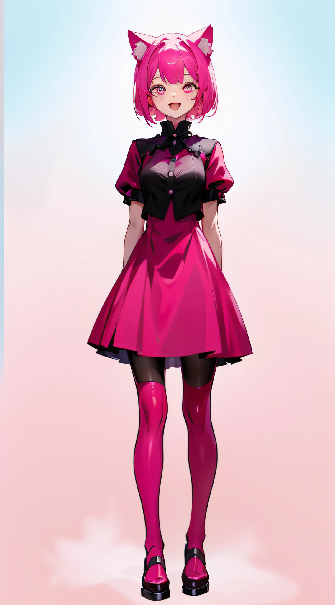 full body, upright, arms at sides, looking at viewer, pure-colored background, 1girl, open mouth, cat ears, smile, dark pink hair, black lace outfits