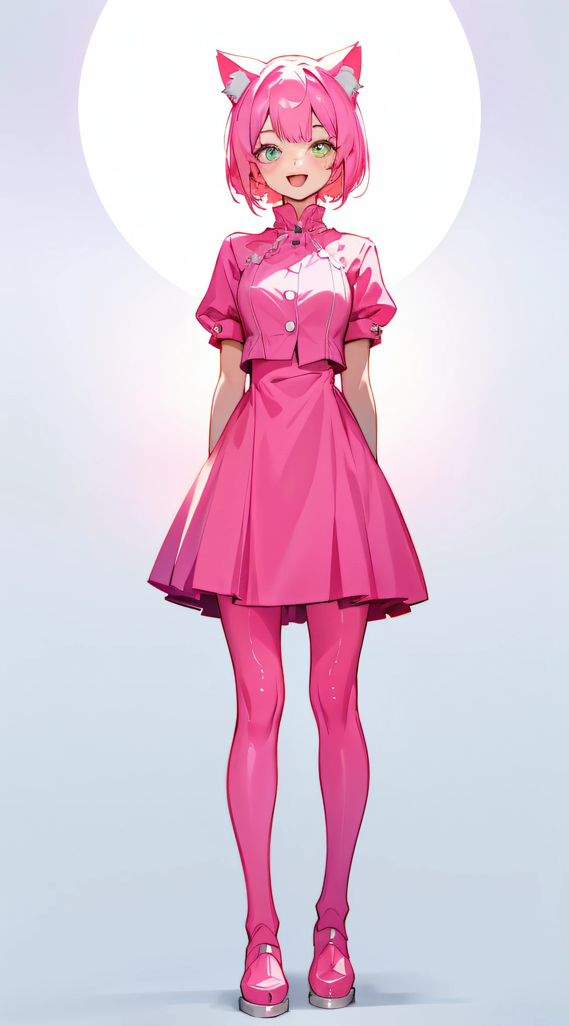 full body, upright, arms at sides, looking at viewer, pure-colored background, 1girl, open mouth, cat ears, smile, pink hair, lace outfits, in Disney style