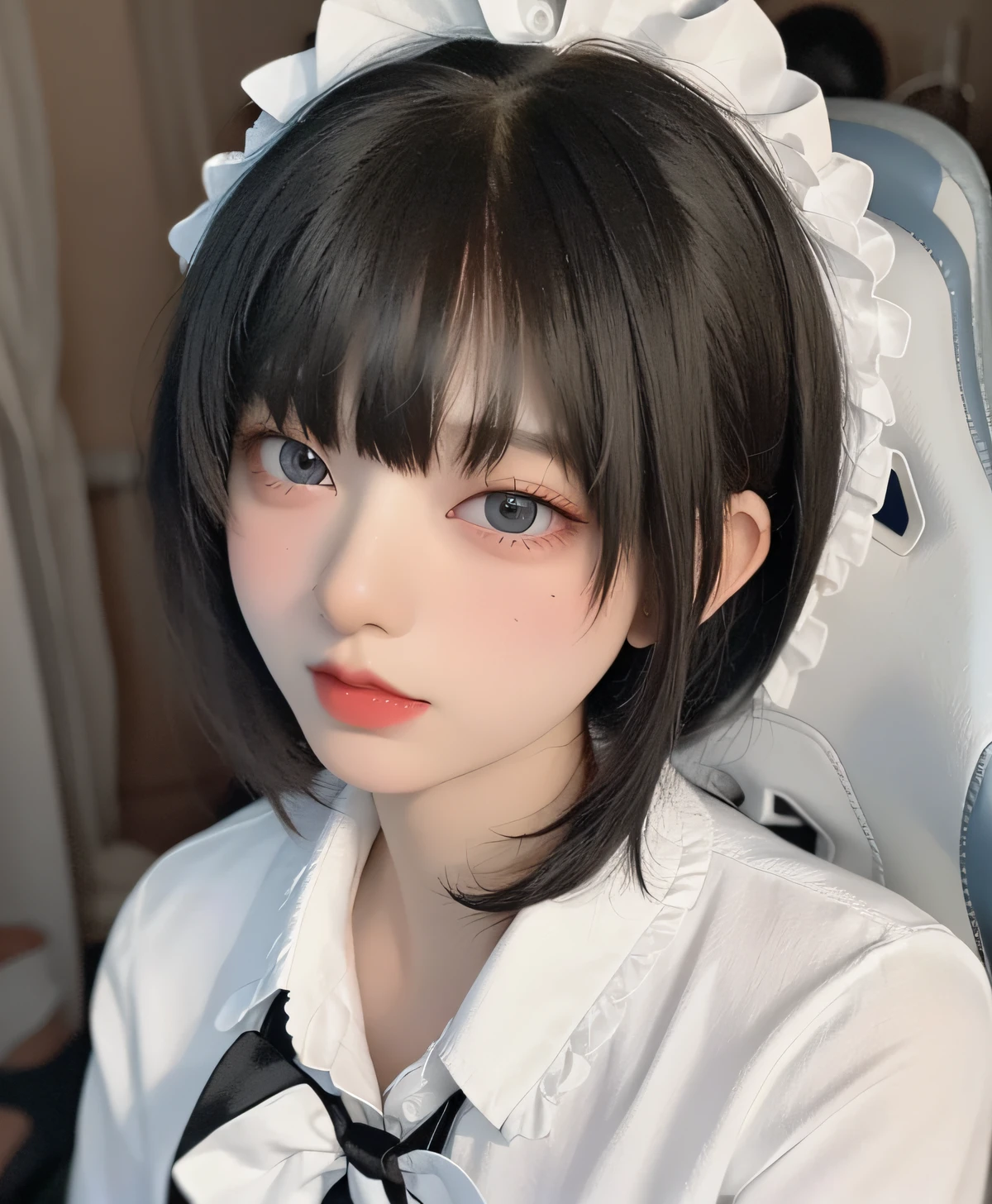 Korean style beauty,White shirt and red lips,short detailed hair,black big eyes,Young and lovely face,cute female child。