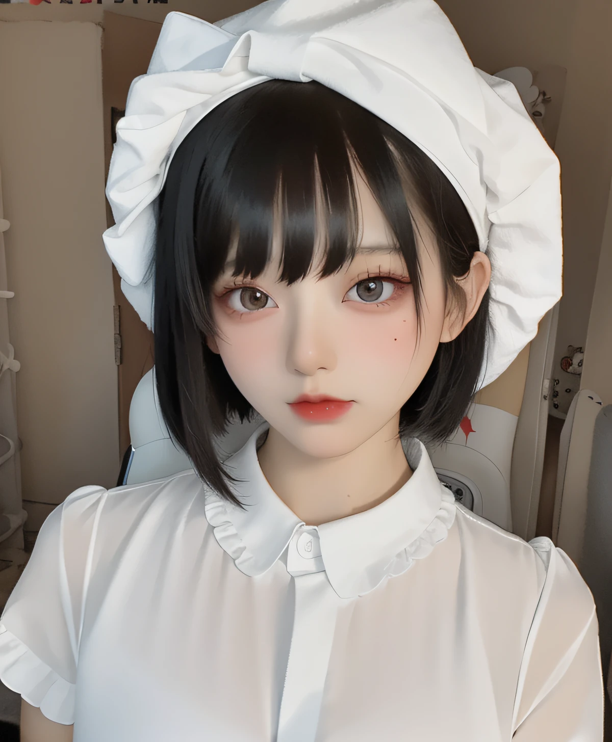 Korean style beauty，White shirt and red lips，short detailed hair，black big eyes，Young and lovely face，cute female child。