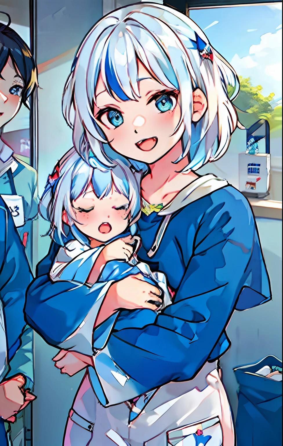 best quality, masterpiece,  
, short hair, Putih hair, bleu eyes, tachibana hibiki , energetic girl, young girl, (petite girl),
hospital bed, (hospital_gown), happy, hugging, holding infant, oyako, mother and daughter, family,  half-closed eyes, lactation, , open mouth,