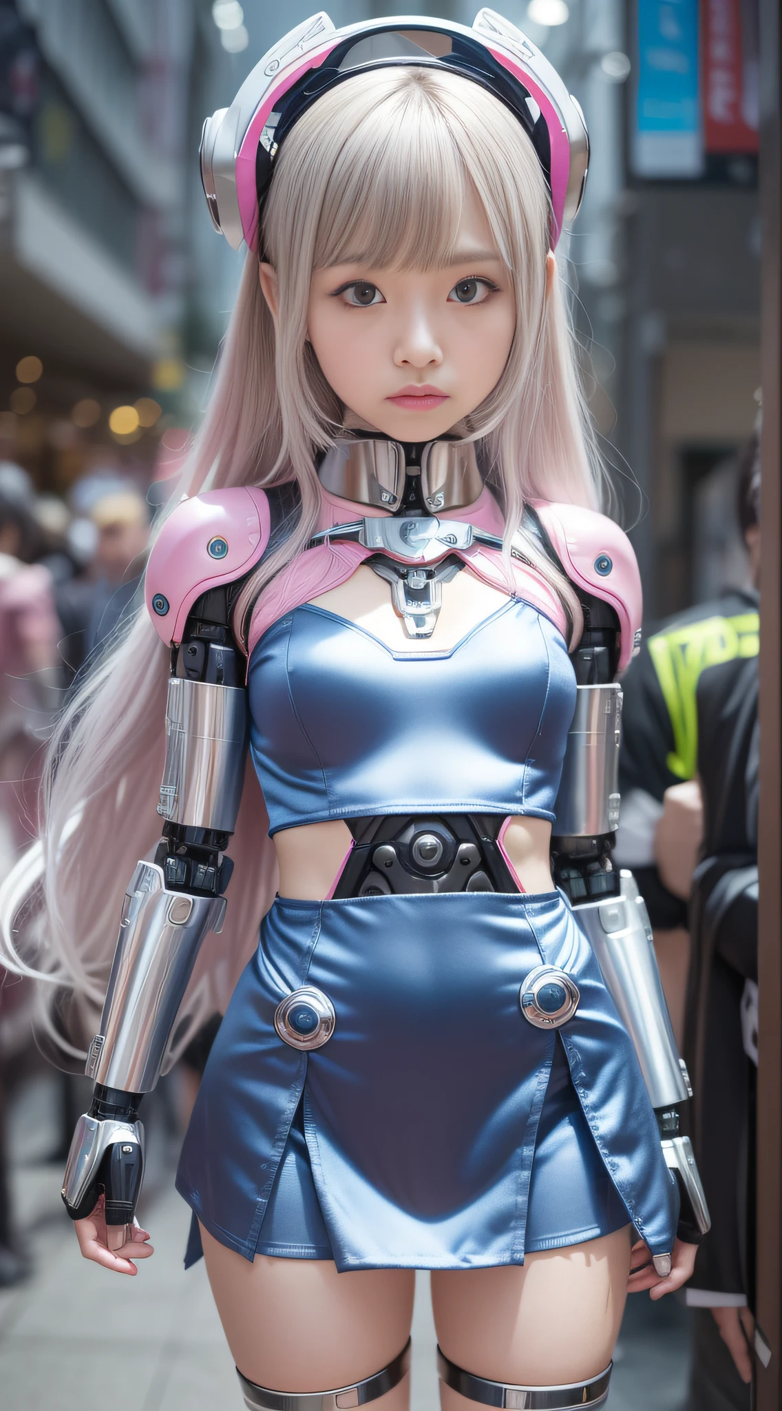 (Photorealsitic:1.4)、Onegirl、(top-quality),(hyperdetailed face)、(Super well-formed face)、((Robot Parts))、(Cyborg girl)、(pink there)、(Silver)、(metalic)、(fullllbody)、(sexy pose)、(Slender body)、(Model body type)、(mecha exposure)、(akihabara)、(is looking at the camera)、(A dark-haired)、(10Head and body)、(a small face)、(Idol)、(front facing)、(is standing)、(Photo session)、(Looks sad)、(Cyborg girl in blue satin dress)、(sleeve less)、(a miniskirt)、(K-POPthe wind)