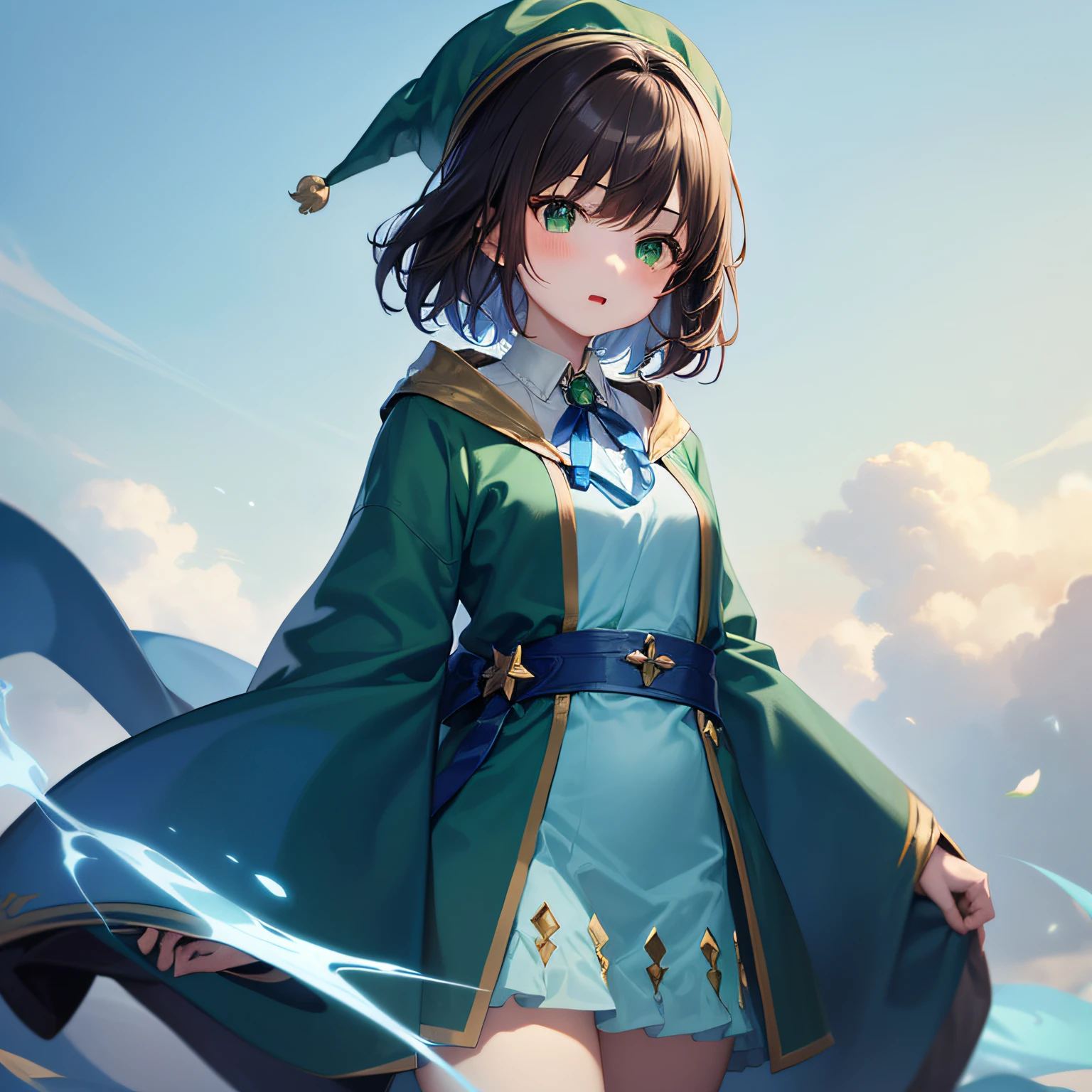 top-quality、extremely delicate and beautiful、((A teenage girl))、Green eyes、Small breasts、Short hair、Brown hair mixed in、Short hair、(Green Wizard Hat)、(a large blue ribbon on the head)Soio、Green clothing、long-sleeve、Red brooch on the neck、((Blue wizard robe dressed in green))、Standing