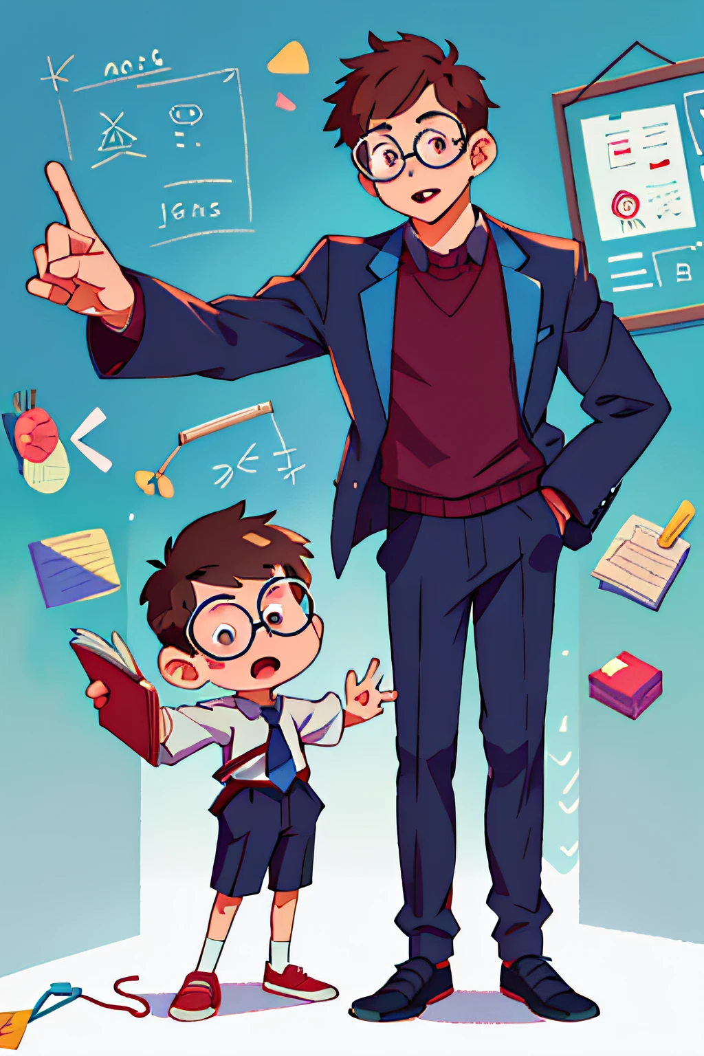 A teacher，Full body photo，Frontal photo，solo person，male people，eye glass，cartoonish style，Two-headed body，In lecturing