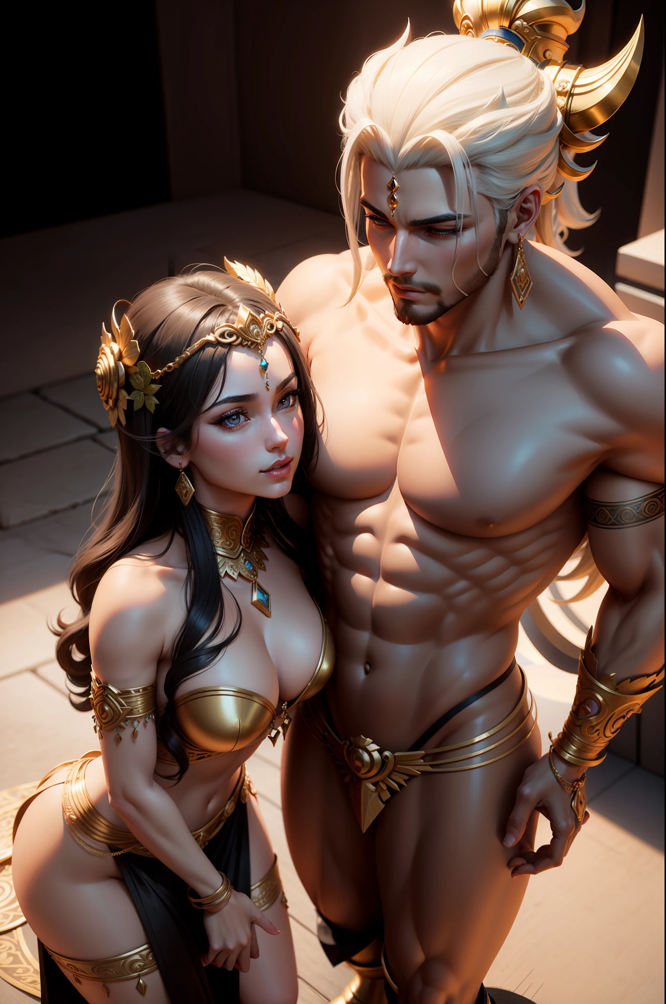 Goddess and male god make love，nakeness，Raised sexy，Super detailed rendering，3 D rendering character art 8 K，8K rendering"，