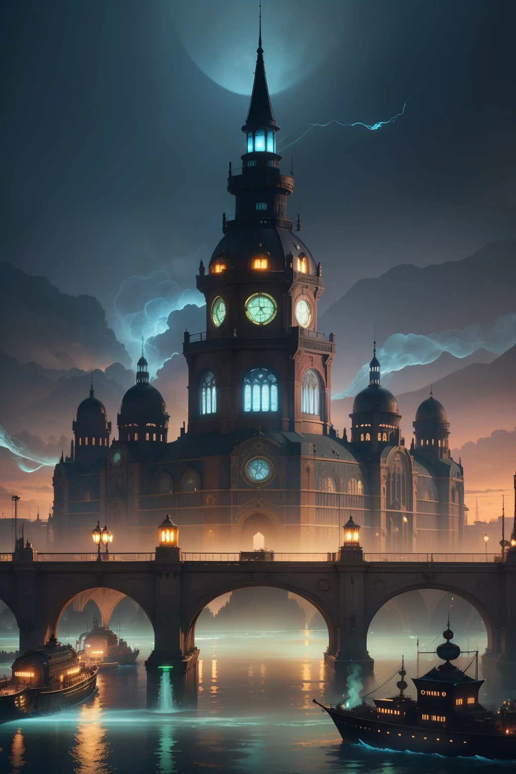 Ultra-detailed image of the Victorian dock steampunk high-tech RPG and magic. The city is filled with a network of bridges and rivers and is known for its factories that process bright blue light. Notable sites within the city include the bustling city center, The imposing city hall building in the Aetherpunk style with a vibrant blue dome of golden details with a clock, the ever-bustling port and the Factory Islands, where bright green hexadecimal is processed and bright green smoke. Full of steampunk navigations. The city is rich in gold and high-tech brass, Blue is bright like lunar magic, The City Hall building is round and looks like an imposing observatory. Com nitidez e boa qualidade, uma cidade de RPG de D&d. with water sources, da cidade de "Fonte" de "Impacto Genshin". Distance navigation with technological features steampunk pirates. Port city full of aviators, fontes e engrenagens. Robots walk around the aetherpunk city.