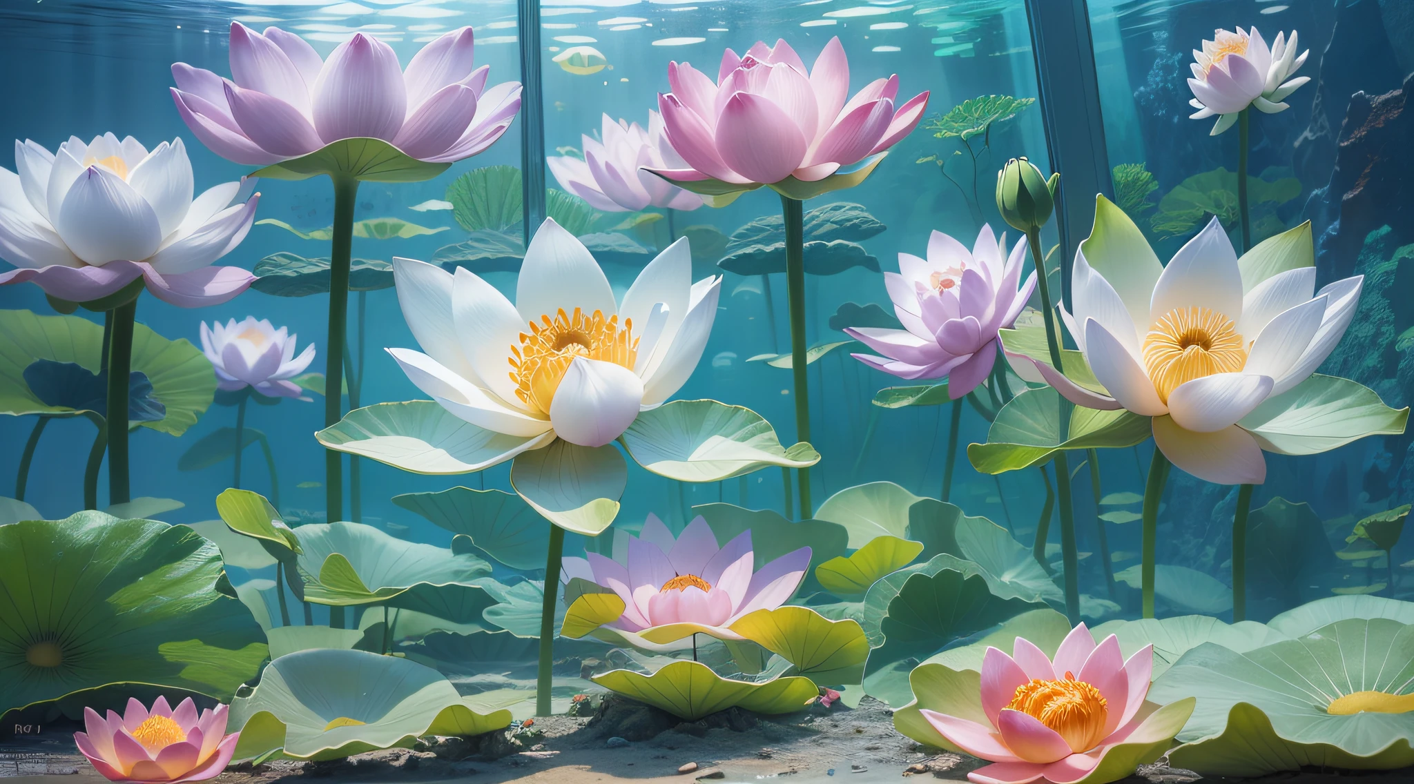 Large aquarium、Multiple lotus flowers、top-quality、8k、masterpiece、a picture、Photorealsitic、RAW Photography、top-quality、high-detail、真实感、photos realistic、Professional color correction、