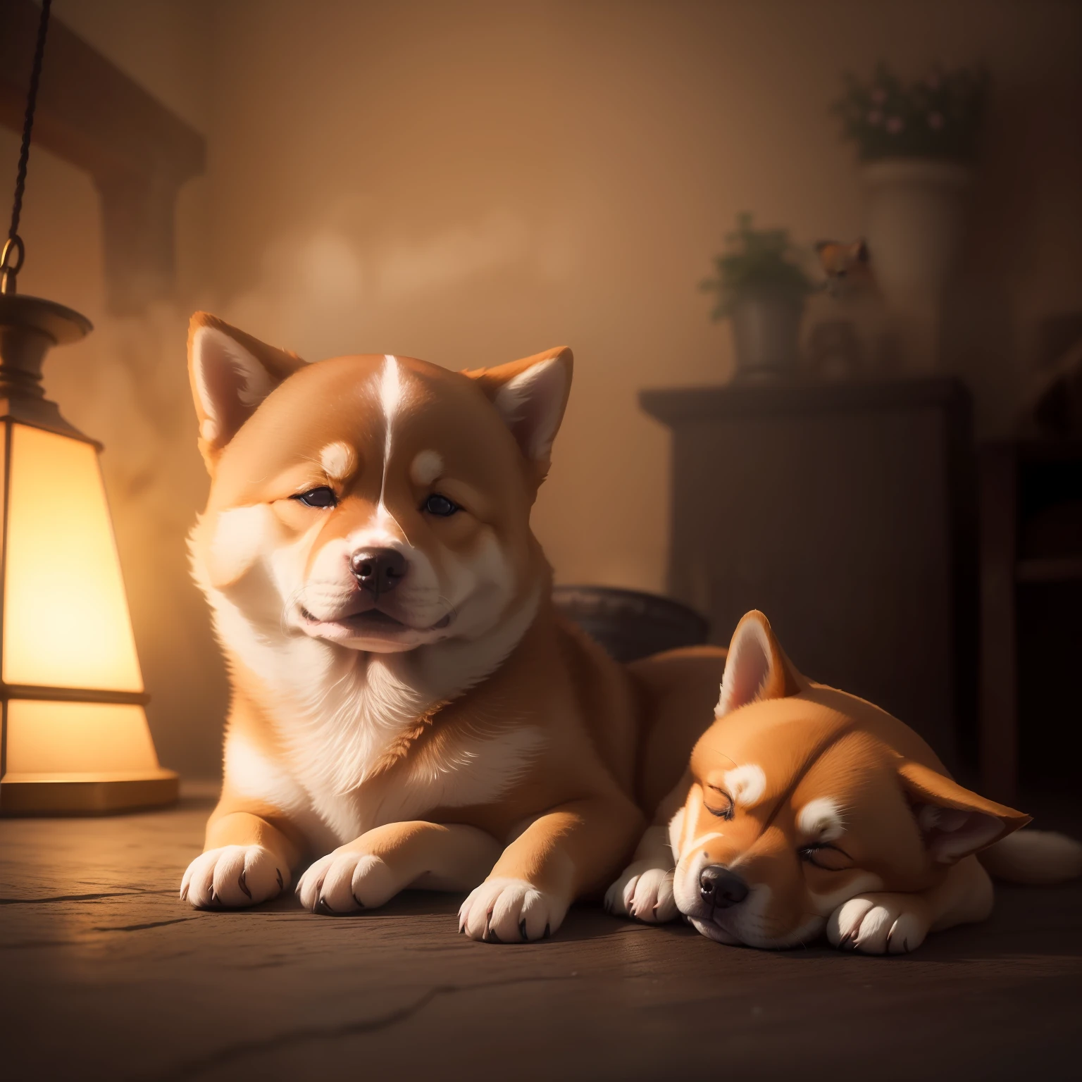 In a dimly lit dungeon、Cute puppy with brown Shiba Inu sleeping、Close-up photos、Volumetric fog、Halation、bloom、Dramatic atmosphere、central、thirds rule、200mm 1.4F Macro Shot、