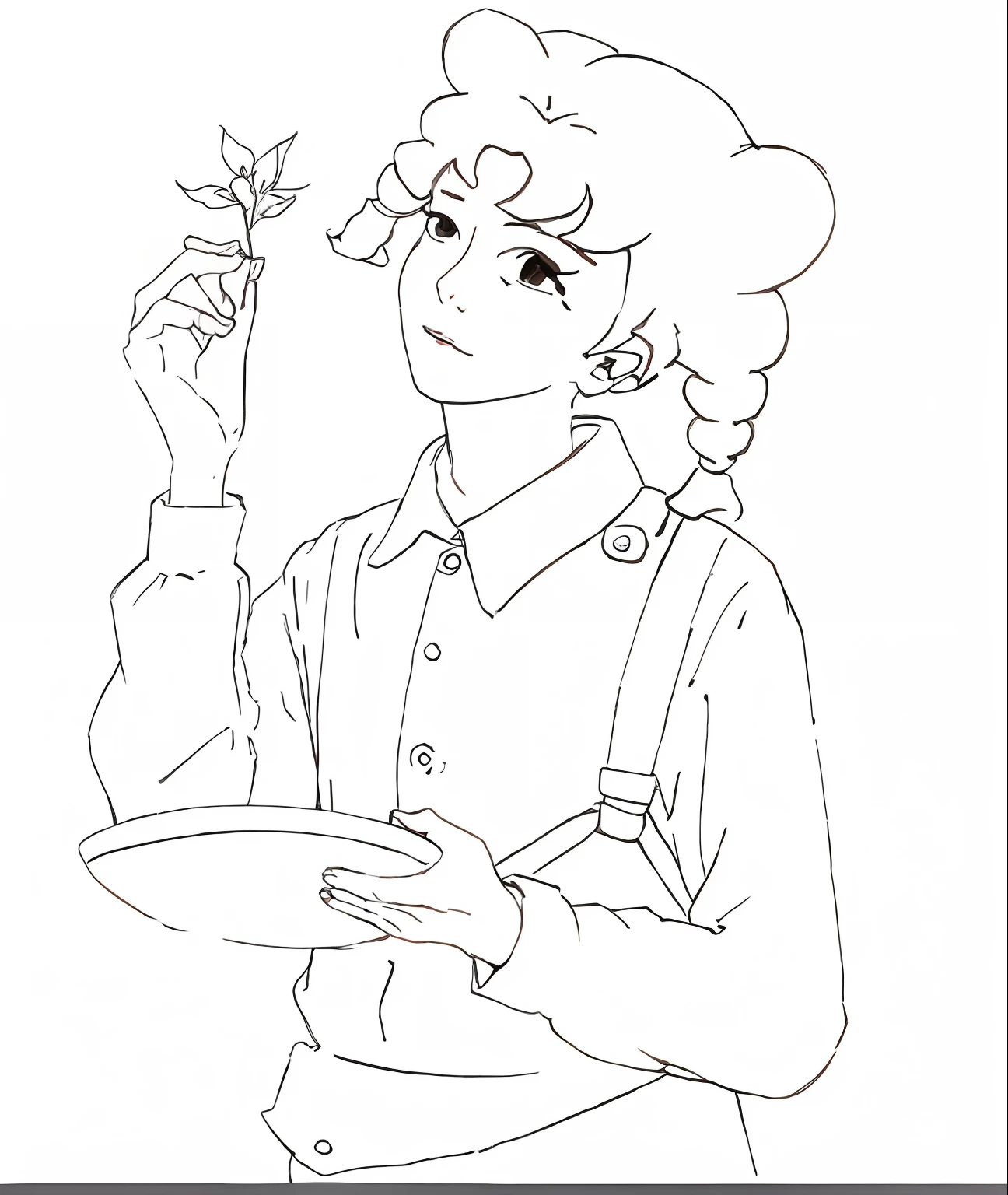 A cartoon drawing of a woman holding a plate，There is a plant on the plate, inspired by Takehisa Yumeji, Official illustration, clean coloring book page, in the art style of 8 0 s anime, official character illustration, Delicate androgynous prince, clean anime outlines, line art colouring page, Simple lines of art, ( Waitress ) Girl, Holding a flower, contour drawing