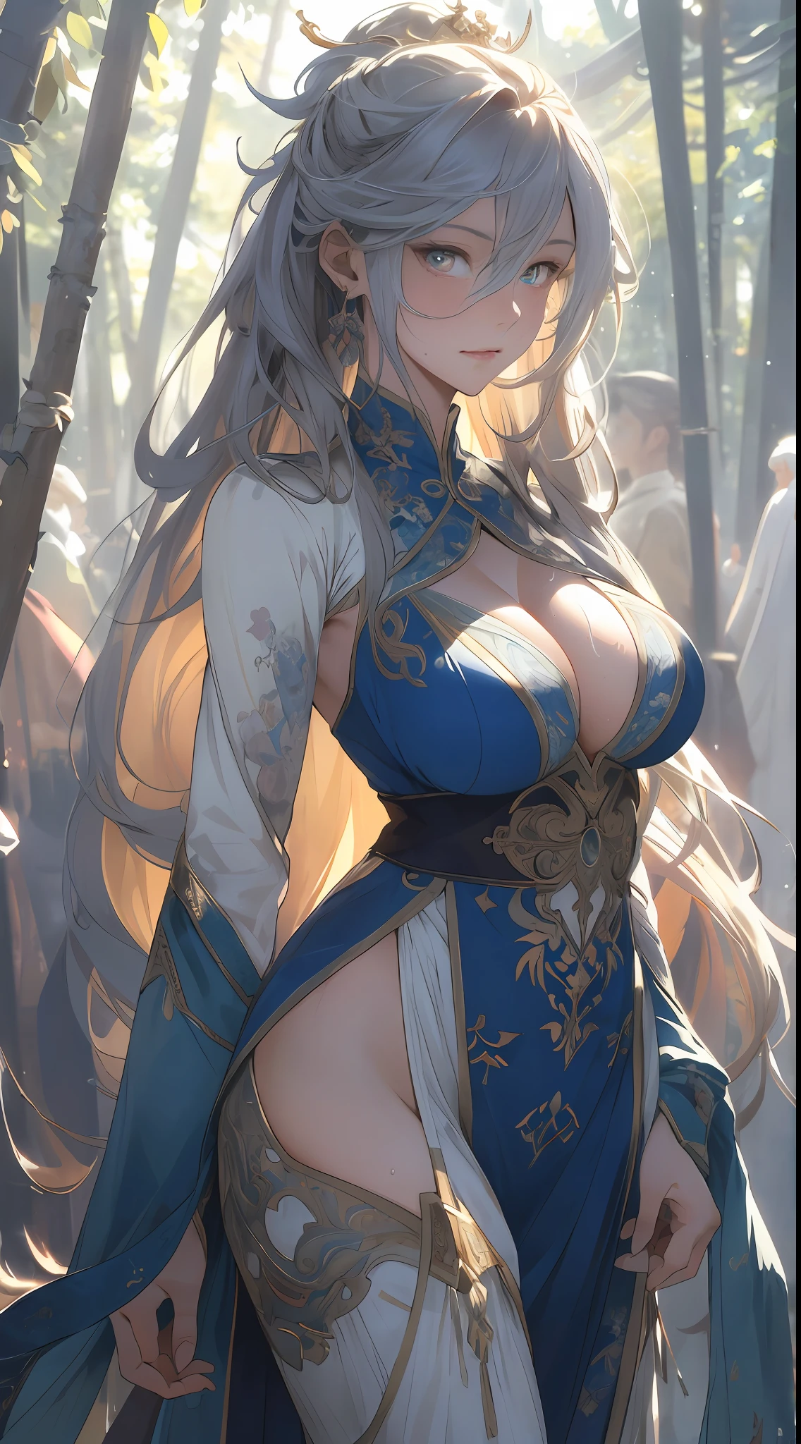 (RAW photo, Best quality),  extremely detailed CG unity 8k壁纸，ink，astounding，电影灯光，lens_flare，beautiful lady, Alphonse Mucha's style, light reflections, Oil painting, voluminetric lighting,sexy big breasts exposed，1female，熟妇，mature，36 years old，Huge breasts， 独奏，king arthur，Wearing white court bikini-style armor， coniferous forest，  She has long flowing hair， Bare genitalia， standing on your feet，Bigchest，Wet straight hair，Sweat profusely，drenched all over the body，frontage， hair straight， mostly cloudy sky，（（（tmasterpiece），（Very detailed CG unity 8K wallpaper），best qualtiy，cinmatic lighting，detailed back ground，beatiful detailed eyes，Bright pupils，blue color eyes，（Very fine and beautiful），（Beautiful and detailed eye description），ultra - detailed，tmasterpiece，）），facing at camera，A high resolution，ultra - detailed），beautifullegs，Very long hair，legs are open，Emotive expressions，，Open-mouthed，Flushed complexion，Chest sagging，nakeness， Bulge，Expose the genitals，revealing breasts，Camel toes，with no underpants，extremely large bosom，Extremely colorful，Most detailed，fully body photo，The face is well lit