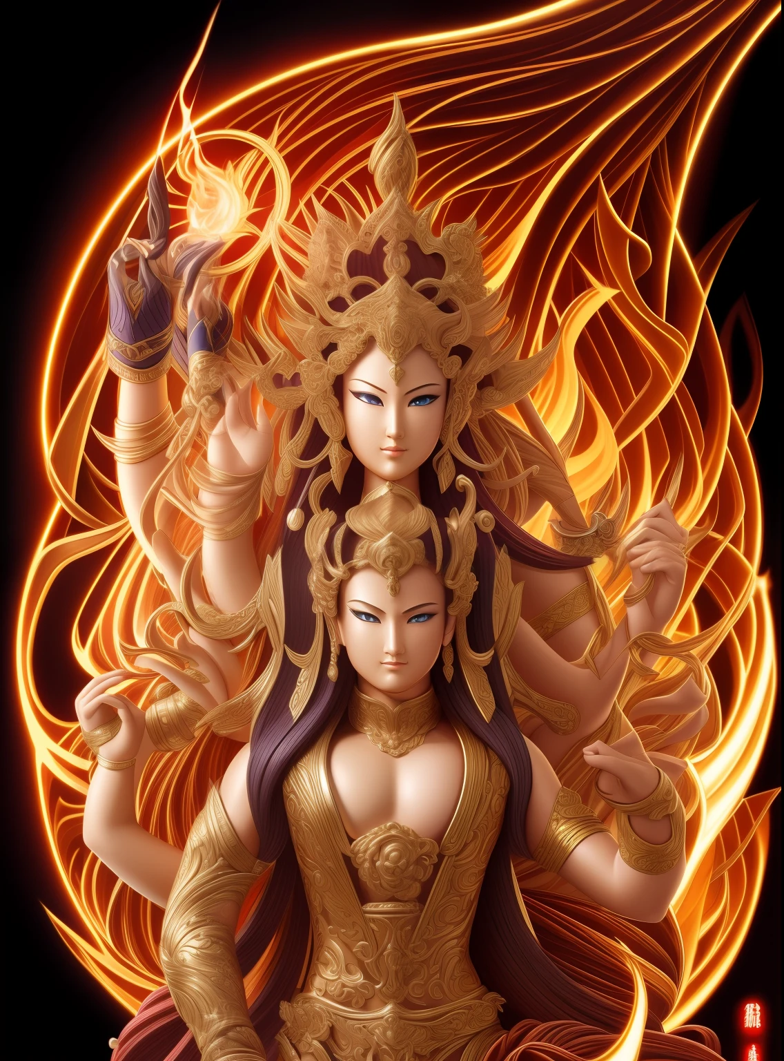 tmasterpiece,超A high resolution,Powerful Ming Wang Lux,One front and two sides,Six arms,The whole body is on fire,Full of flames,Foot on two villains,full anatomy,Magical world,Artistic effects,rich colours,The colors are natural,Extremely high imagination,Perfect artistic effect,Shadows are clear,ultra-realistic realism,Real Photographics,Ultra HD images,High quality detailing, Cinematic lighting,((Contre-Jour)),absurderes, unbelievable Ridiculous, hugefilesize, ultra - detailed, A high resolution, The is very detailed,best qualtiy,tmasterpiece,illustratio,The is very detailed,CG,unified,8k 壁纸,Amazing Cleavage,finely detailled,tmasterpiece
