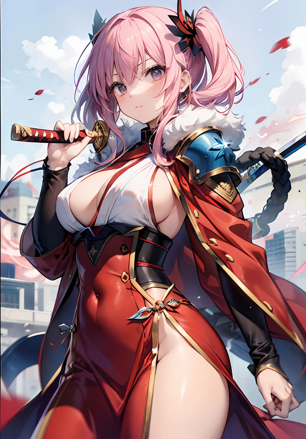 Fist of Hiryu 3、minimum, minimum、Pearl pink hair、Close up photo of a woman in a red robe、A big magic circle in the air、Zodiac Girl Summoner、Gainax's anime style incorporating the style of Masamune Shiro、katana zero video game character、Reminiscent of Konami's concept art、Reddish-purple armor that wraps around the whole body、、Tie the mark by hand、Intense charisma floating throughout the body、Cut out thrilling and exciting action scenes、Overwhelming power and energy。
