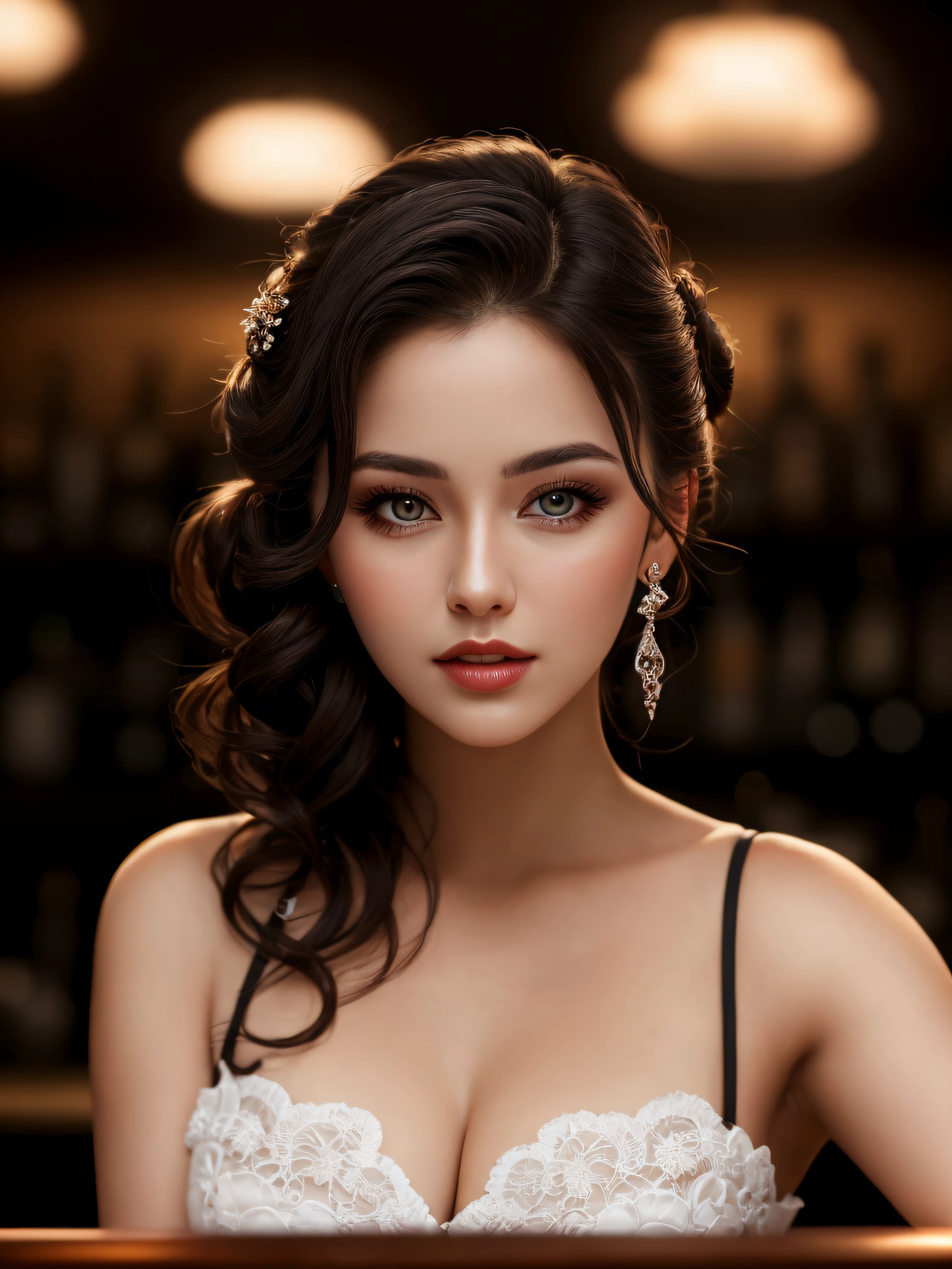 portrait photo of Abigail beautiful woman hair updo upsweep nightclub sitting at bar (masterpiece) (best quality) (detailed) (8k) (HDR) (wallpaper) (cinematic lighting) (sharp focus) (intricate)