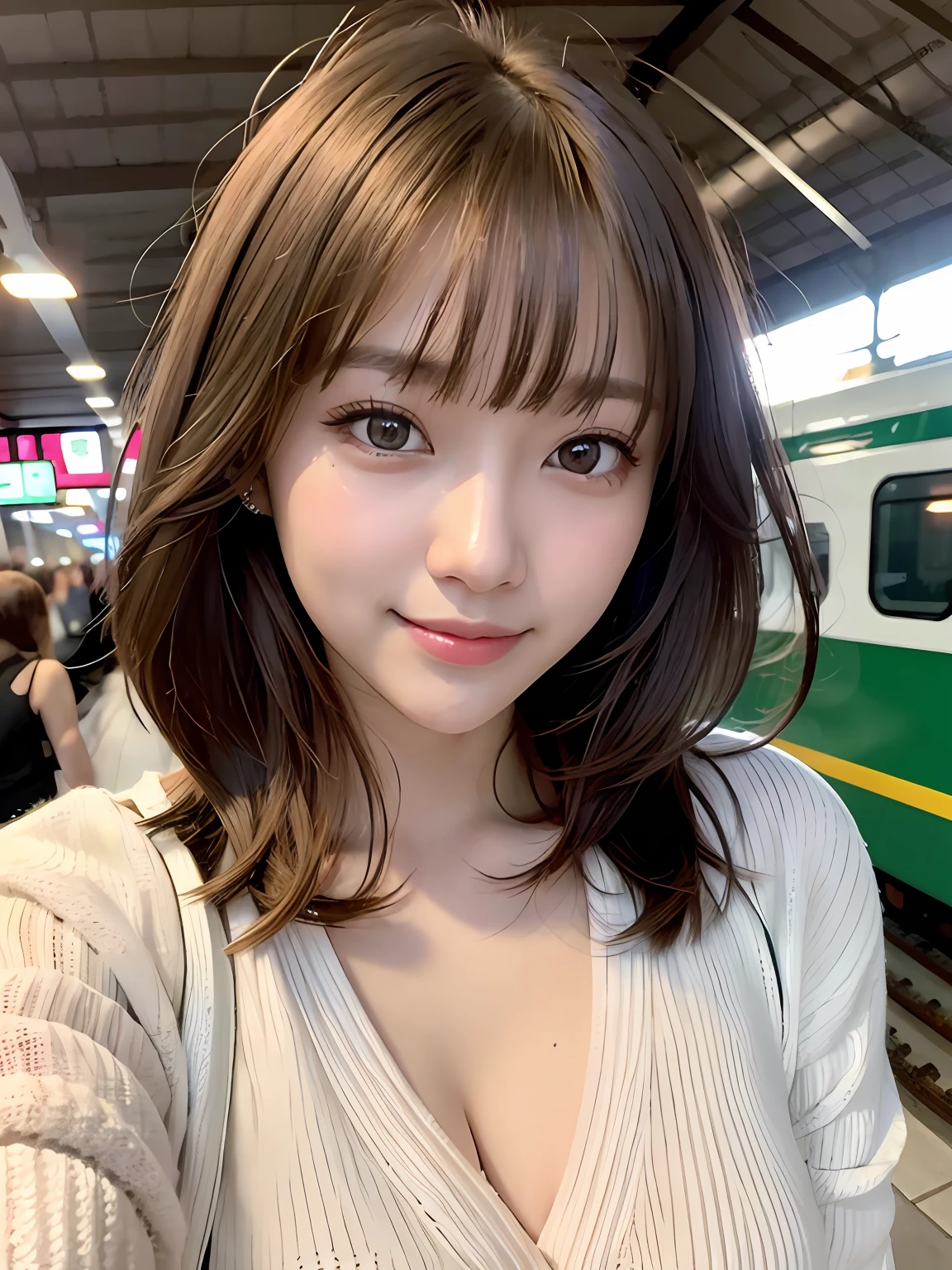 product quality, 1 girl per 1 photo, cowboy shot, front view, a Japanese young pretty girl, long bob hair, wearing a marriage ring, waiting a train on a platform with a big smile at a crowded station in London, sunset, wearing a long length white cardigan over a black T-shirt with a graphic printed, wearing light brown medium length pants, a shoulder bag, hyper cute face, glossy lips, double eyelids for both eyes, natural makeup, shiny smooth light brown hair of long bob hair, asymmetrical bangs, tanned skin, central image, 8K resolution, high detail, detailed hairstyle, detailed face, cinematic lighting, octane rendering, hyper realistic, perfect limbs, perfect anatomy