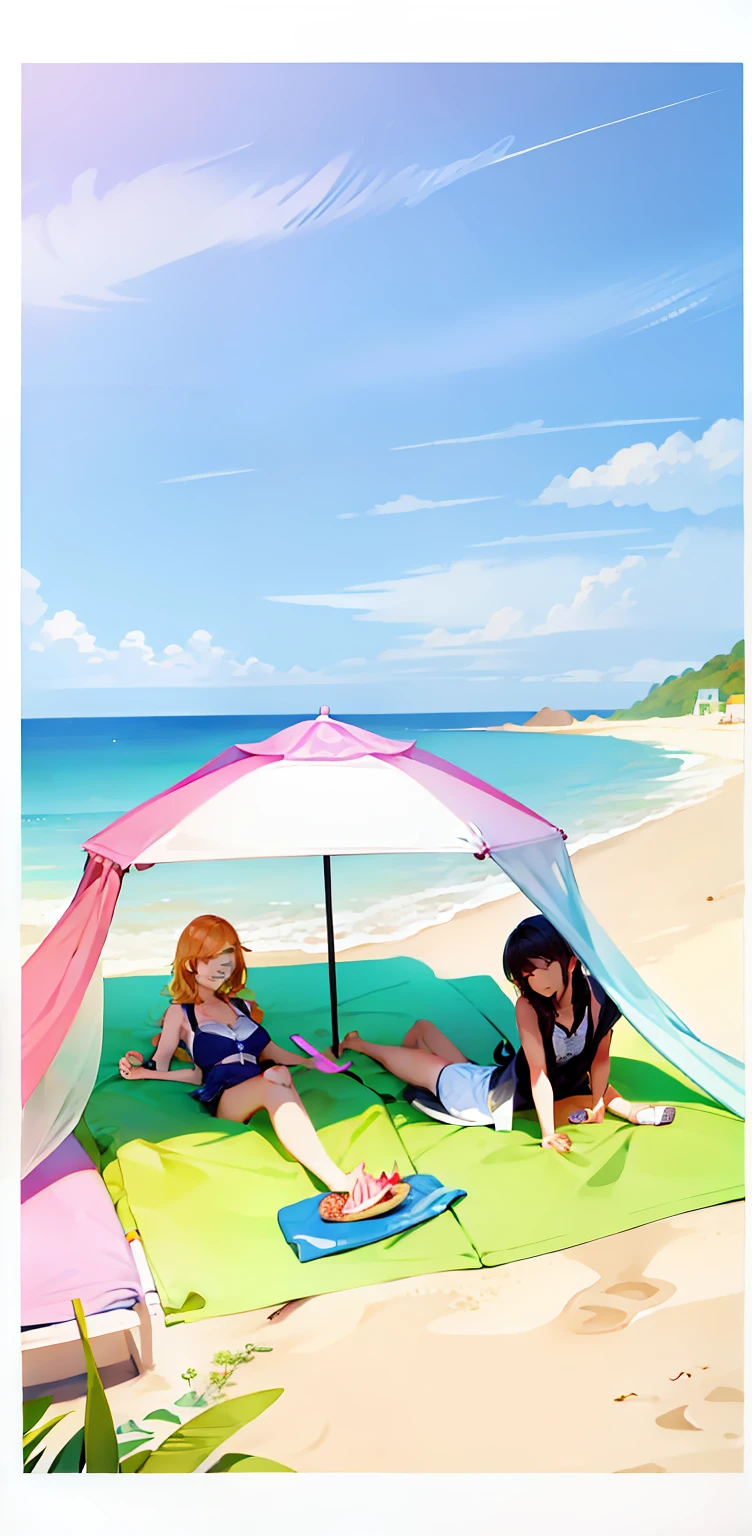 Two women lying under umbrellas on the beach,fruit platter, sunny day at beach, relaxing at the beach,